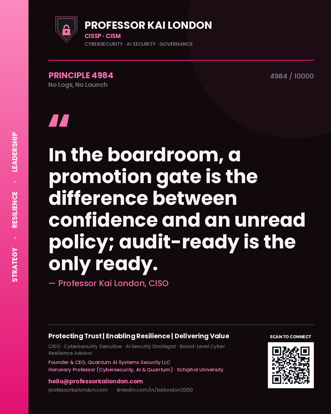 Professor Kai London principle 4984: In the boardroom, a promotion gate is the difference between confidence and an unread policy; audit-ready is the only ready.