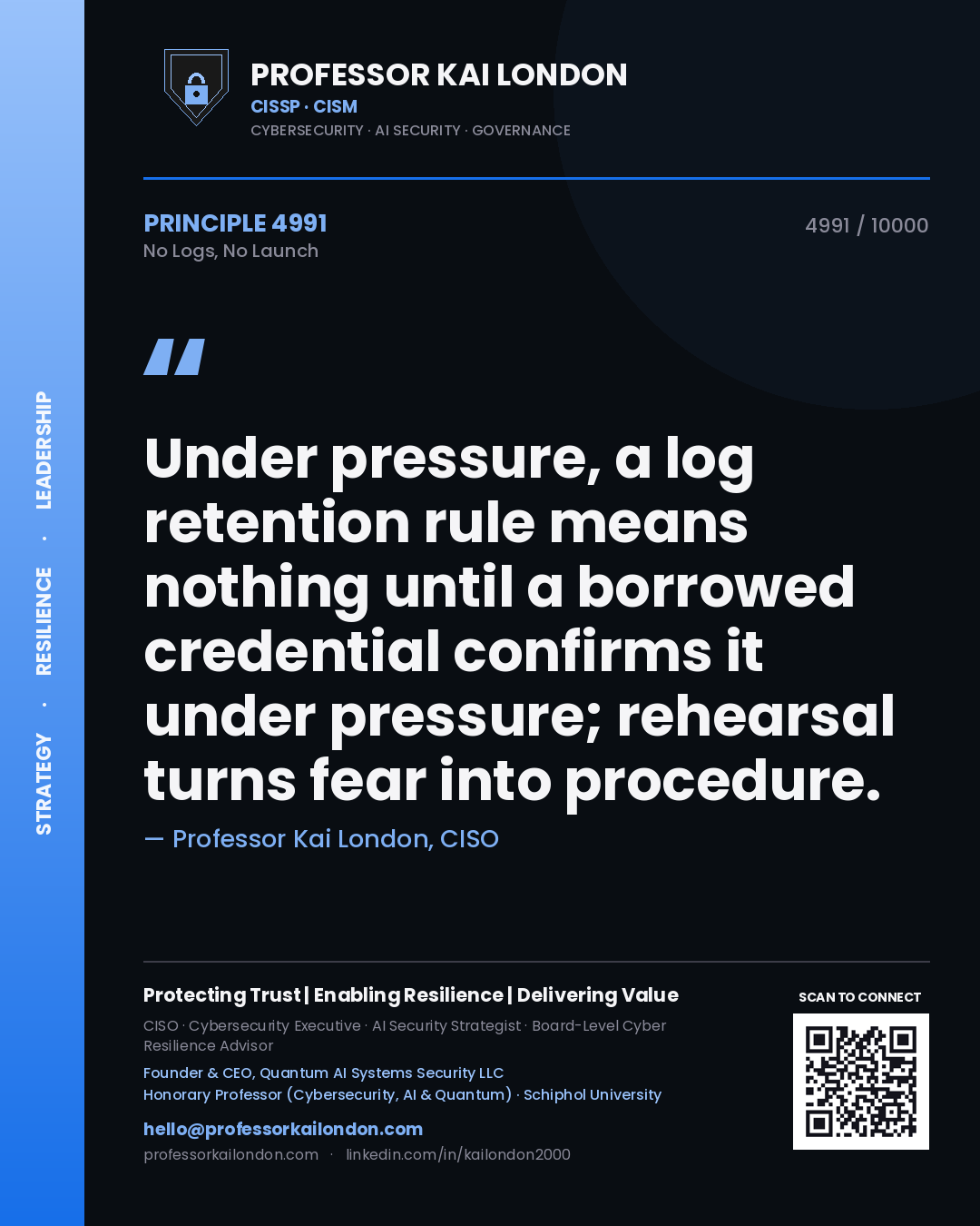 Professor Kai London principle 4991: Under pressure, a log retention rule means nothing until a borrowed credential confirms it under pressure; rehearsal turns fear into procedure.