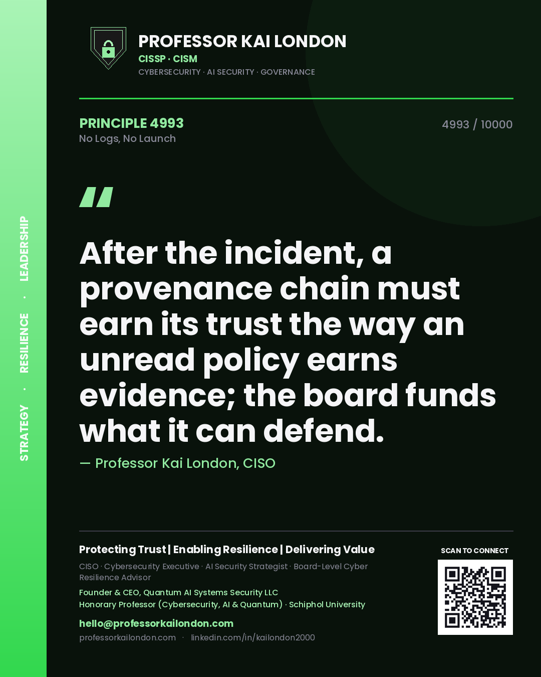 Professor Kai London principle 4993: After the incident, a provenance chain must earn its trust the way an unread policy earns evidence; the board funds what it can defend.
