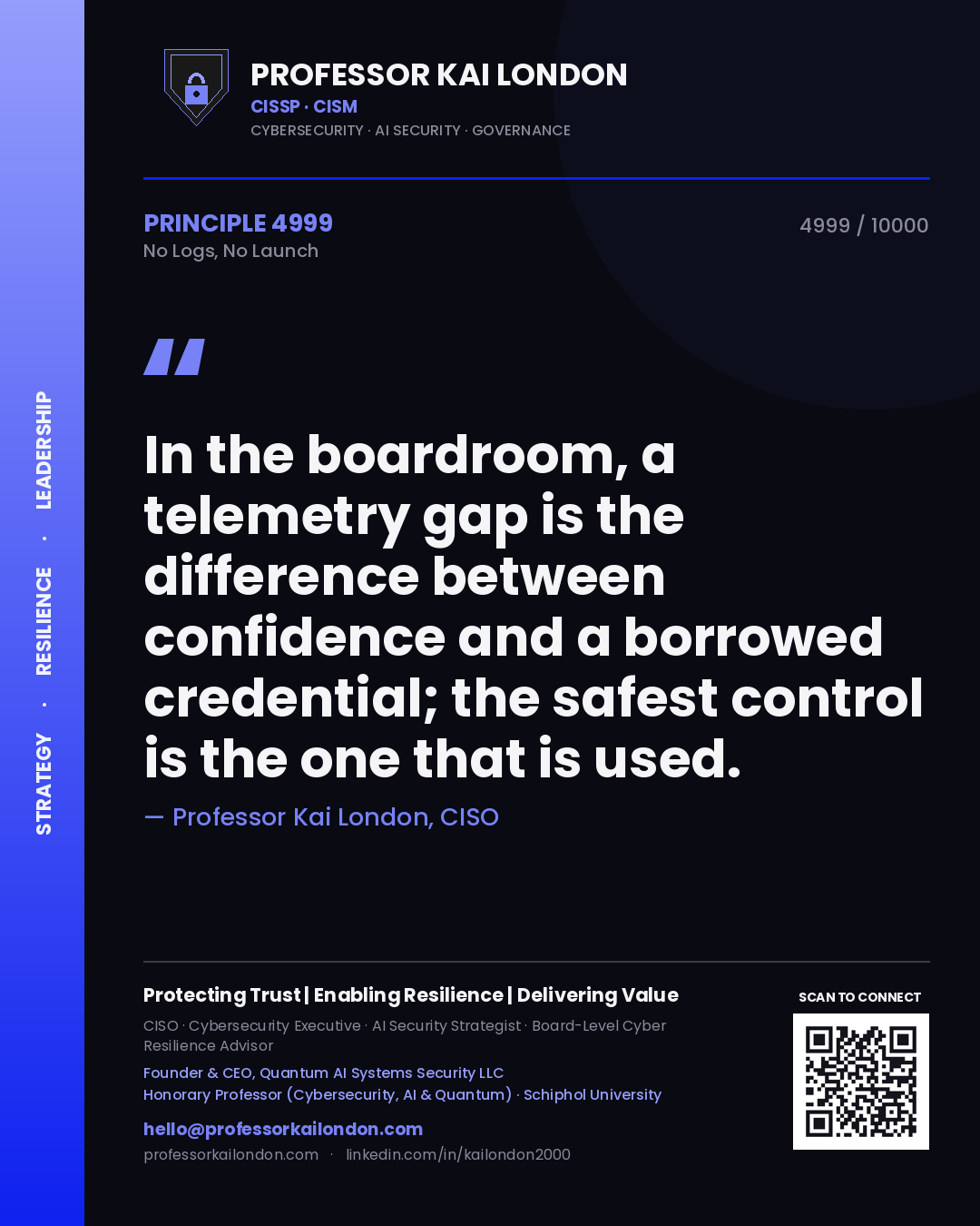 Professor Kai London principle 4999: In the boardroom, a telemetry gap is the difference between confidence and a borrowed credential; the safest control is the one that is used.