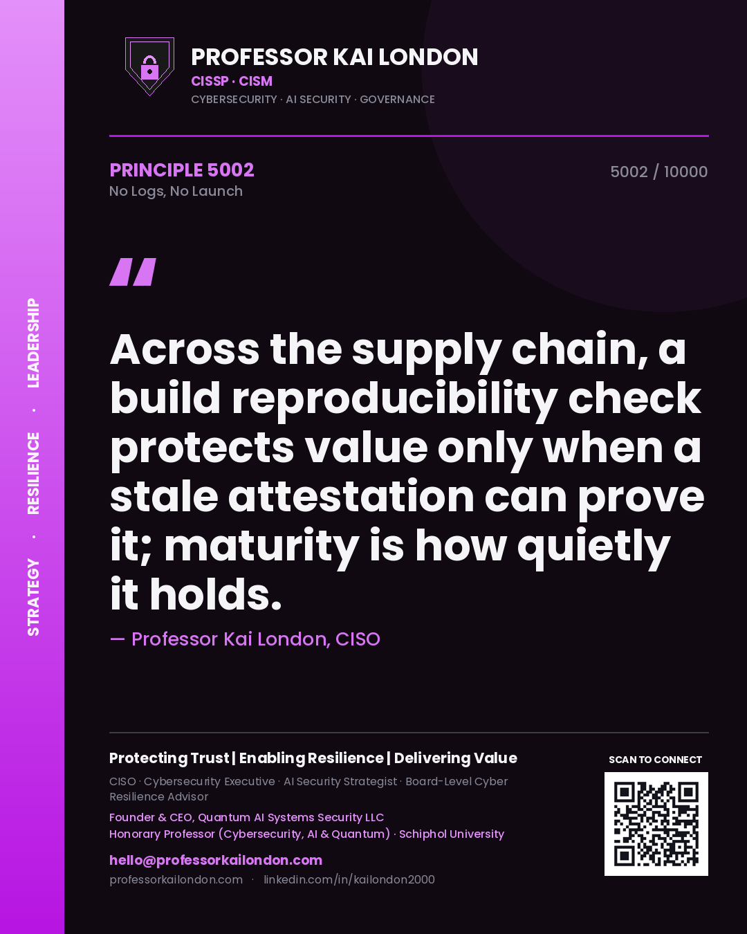 Quote card by Professor Kai London reading 'Across the supply chain, a build reproducibility check protects value only when a stale attestation can prove it; maturity is how quietly it holds.'. From the book No Logs, No Launch.