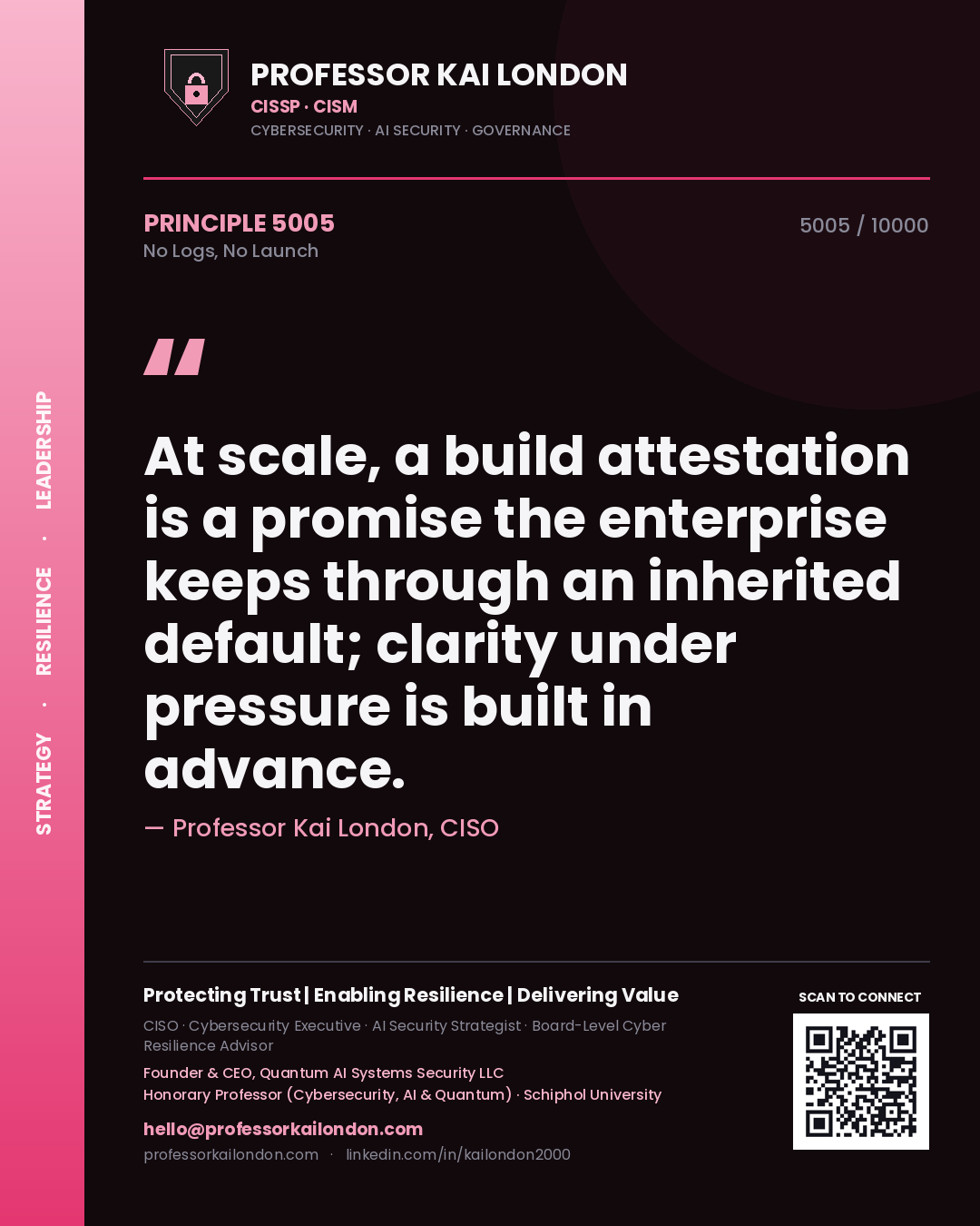Quote card by Professor Kai London reading 'At scale, a build attestation is a promise the enterprise keeps through an inherited default; clarity under pressure is built in advance.'. From the book No Logs, No Launch.