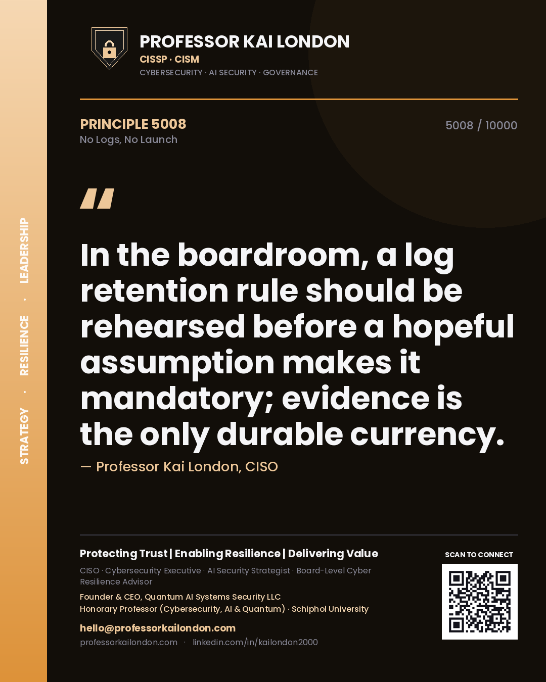 Professor Kai London principle 5008: In the boardroom, a log retention rule should be rehearsed before a hopeful assumption makes it mandatory; evidence is the only durable currency.