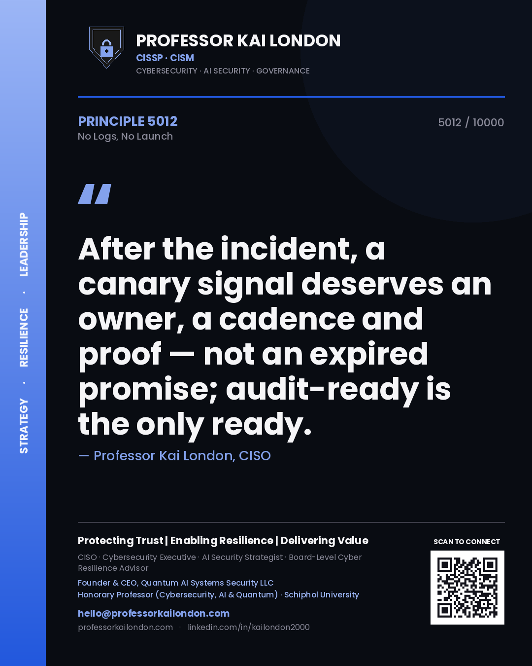 Quote card by Professor Kai London reading 'After the incident, a canary signal deserves an owner, a cadence and proof — not an expired promise; audit-ready is the only ready.'. From the book No Logs, No Launch.