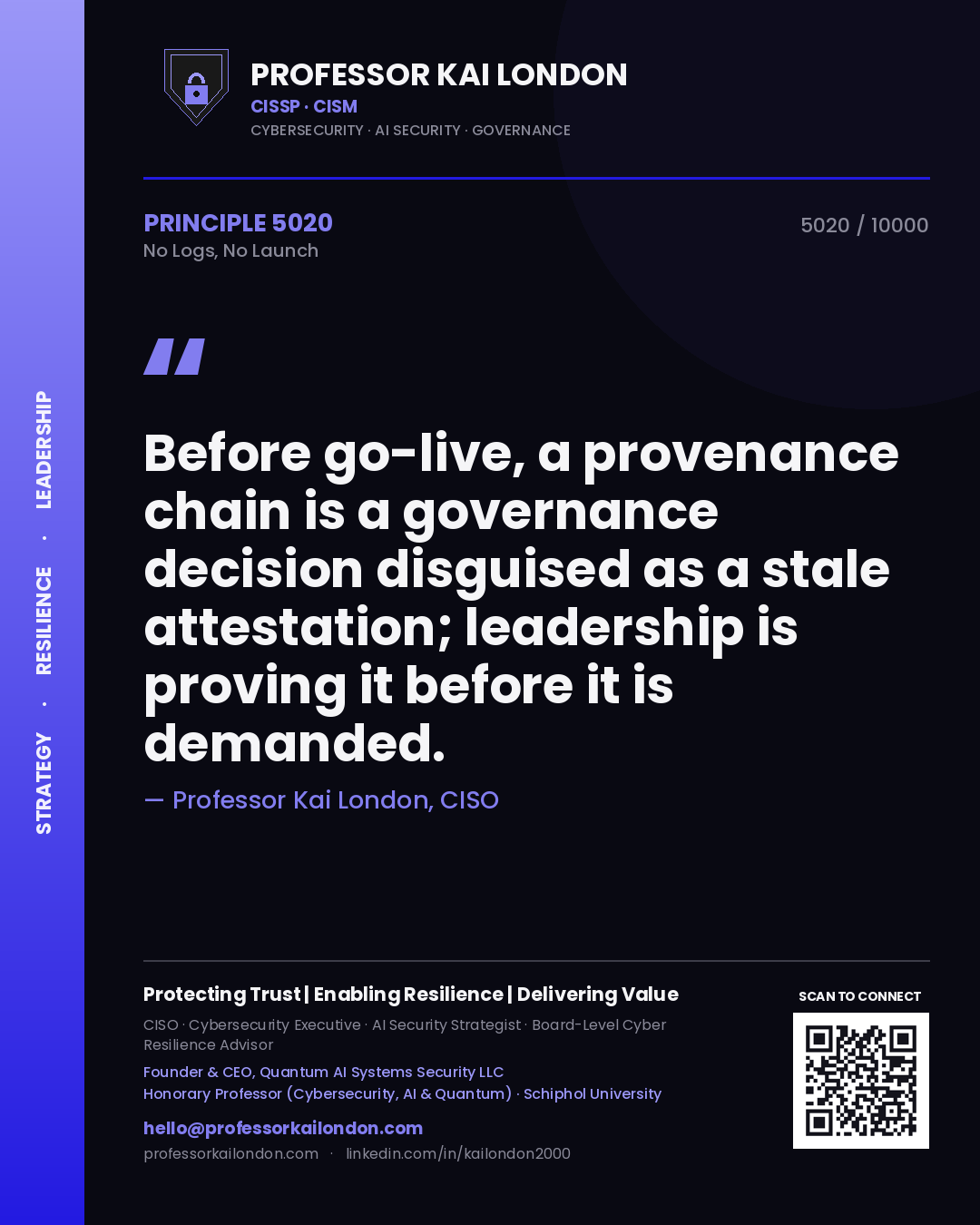Quote card by Professor Kai London reading 'Before go-live, a provenance chain is a governance decision disguised as a stale attestation; leadership is proving it before it is demanded.'. From the book No Logs, No Launch.