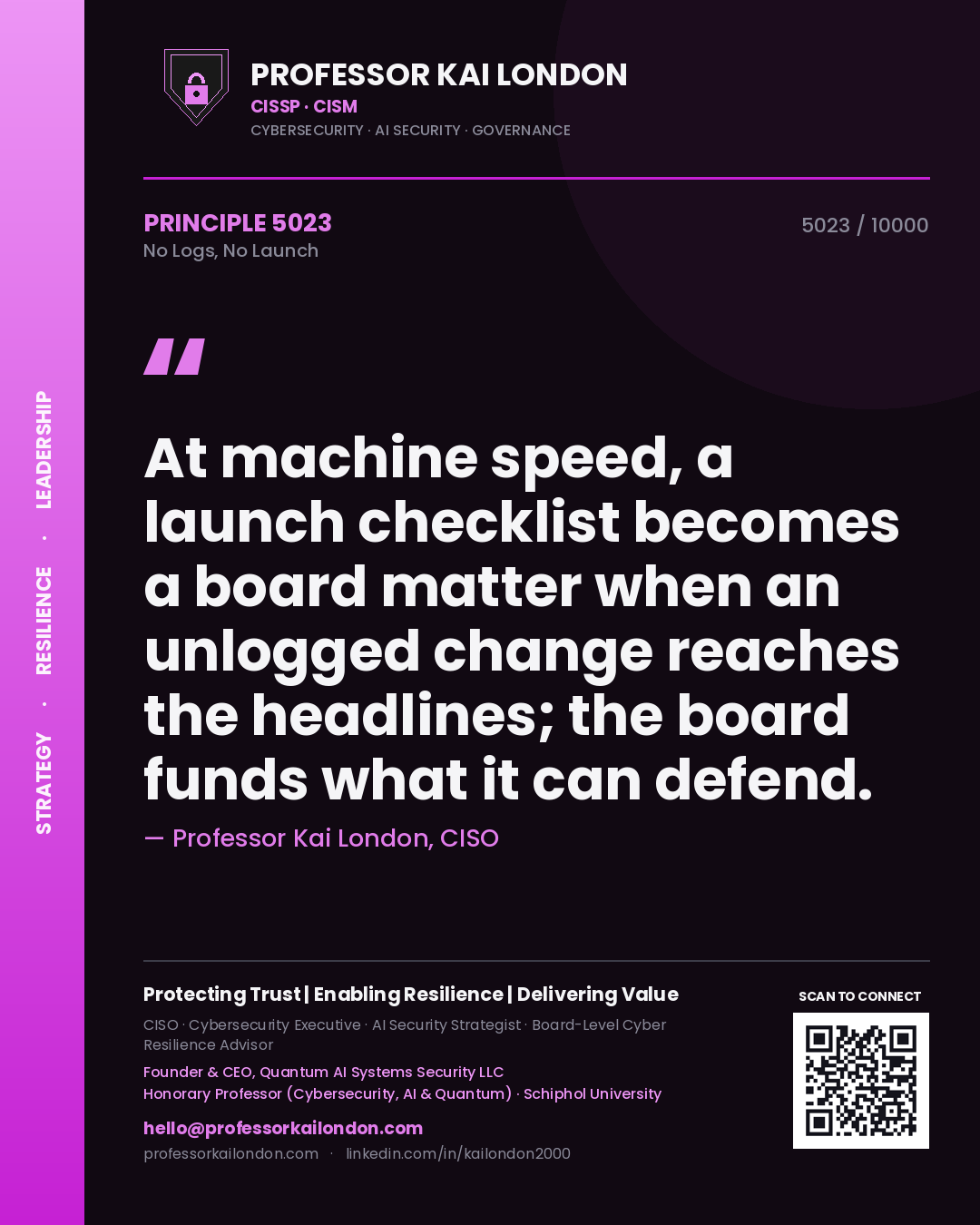 Quote card by Professor Kai London reading 'At machine speed, a launch checklist becomes a board matter when an unlogged change reaches the headlines; the board funds what it can defend.'. From the book No Logs, No Launch.