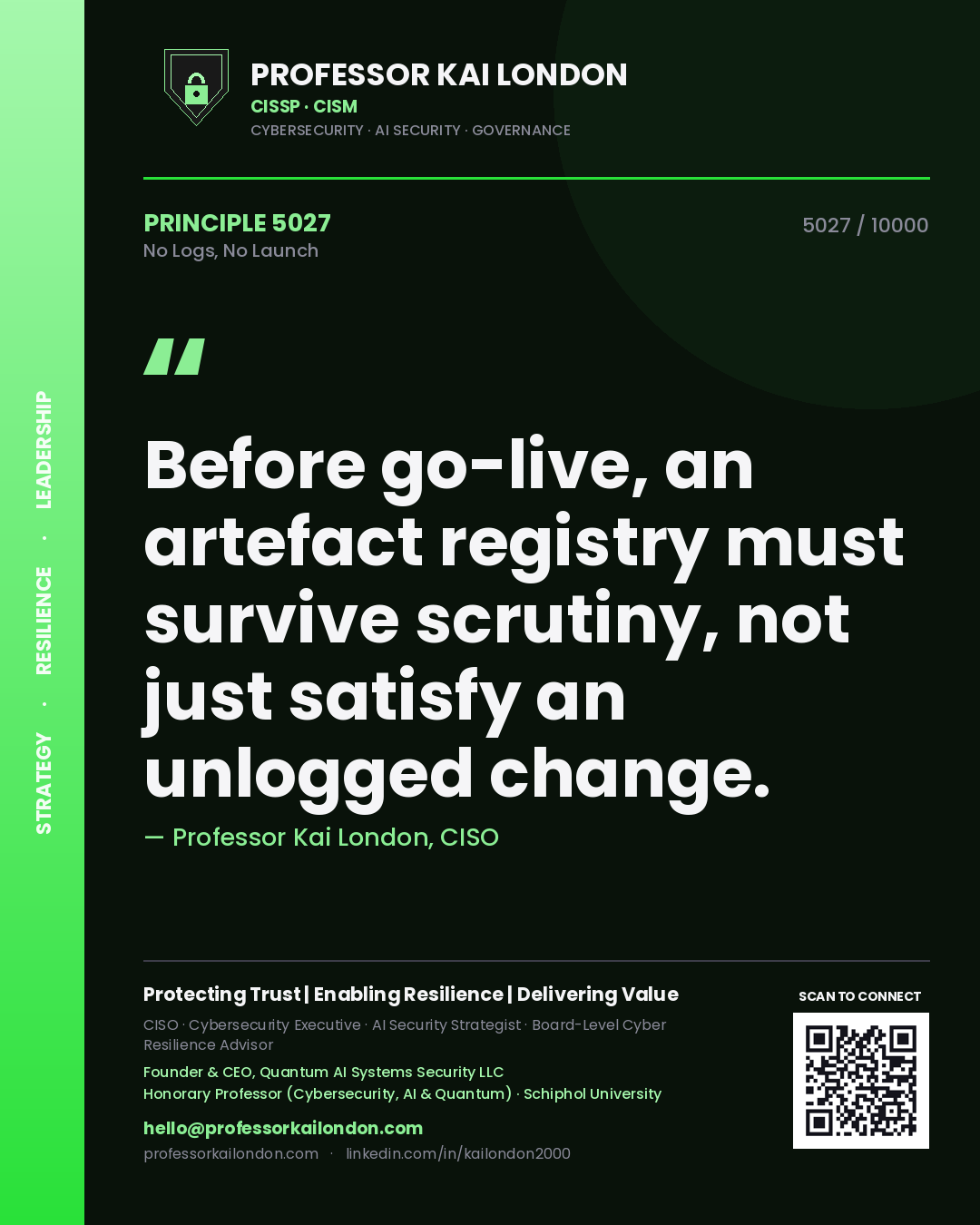 Quote card by Professor Kai London reading 'Before go-live, an artefact registry must survive scrutiny, not just satisfy an unlogged change.'. From the book No Logs, No Launch.