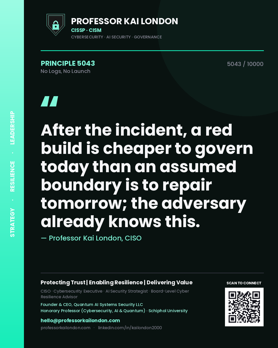 Quote card by Professor Kai London reading 'After the incident, a red build is cheaper to govern today than an assumed boundary is to repair tomorrow; the adversary already knows this.'. From the book No Logs, No Launch.