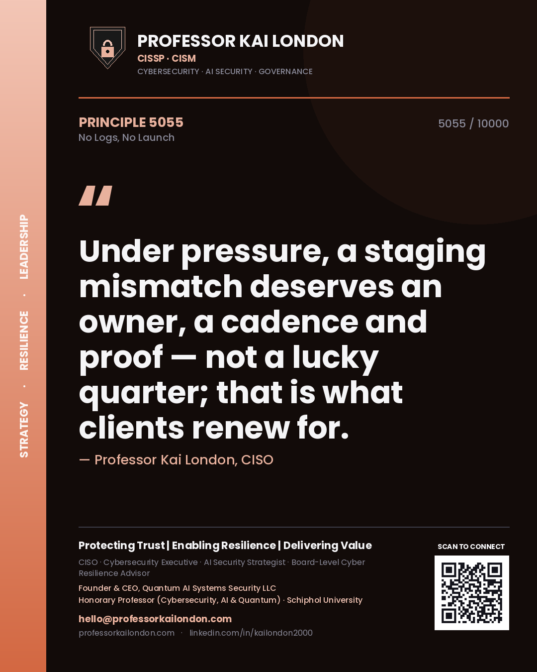 Quote card by Professor Kai London reading 'Under pressure, a staging mismatch deserves an owner, a cadence and proof — not a lucky quarter; that is what clients renew for.'. From the book No Logs, No Launch.