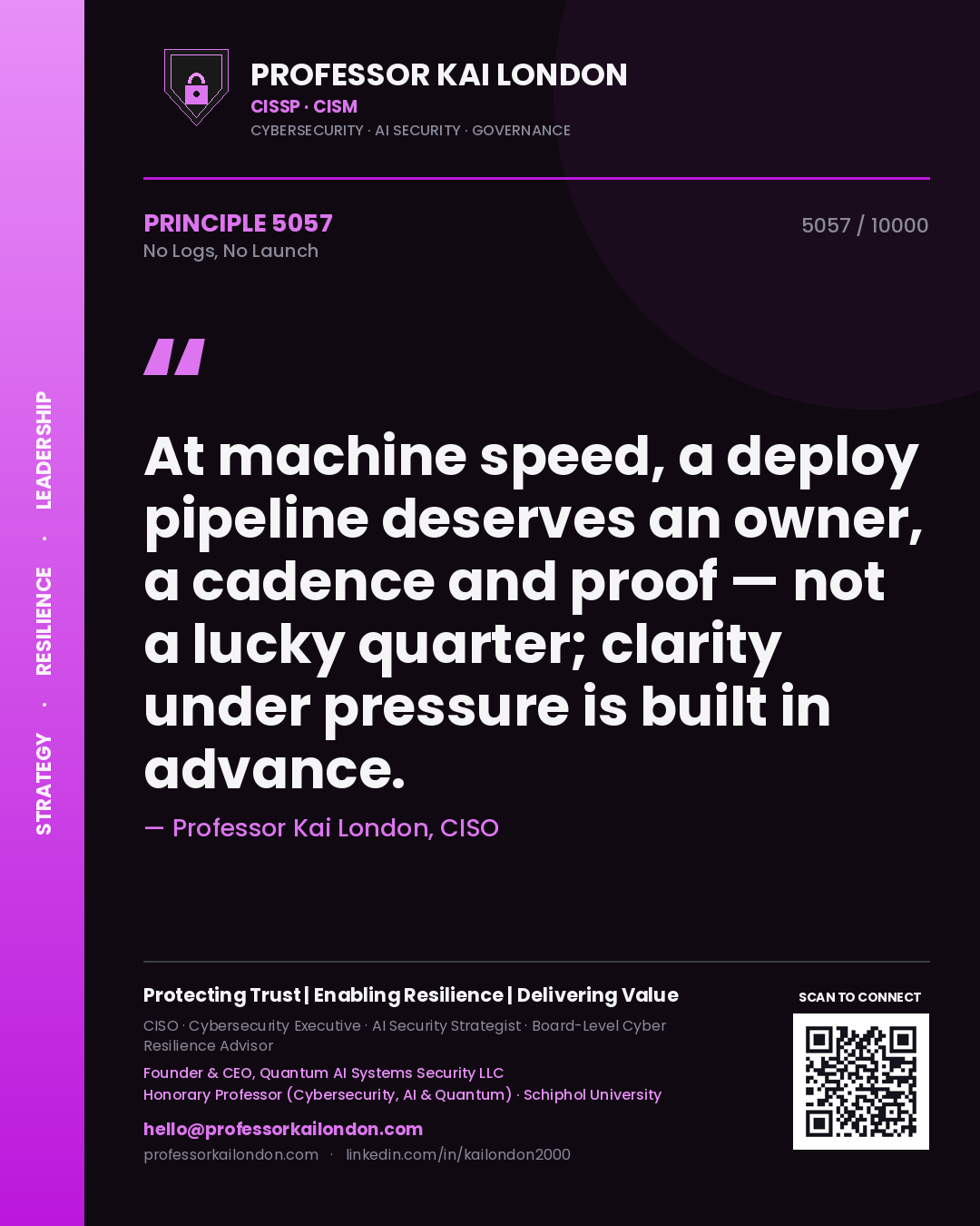 Quote card by Professor Kai London reading 'At machine speed, a deploy pipeline deserves an owner, a cadence and proof — not a lucky quarter; clarity under pressure is built in advance.'. From the book No Logs, No Launch.