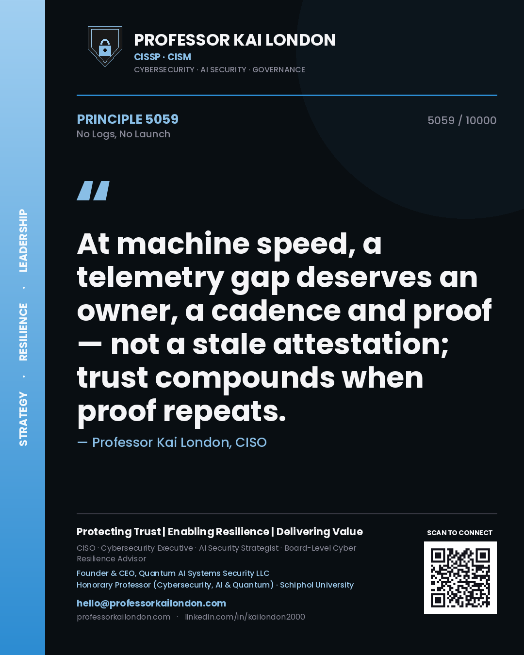 Quote card by Professor Kai London reading 'At machine speed, a telemetry gap deserves an owner, a cadence and proof — not a stale attestation; trust compounds when proof repeats.'. From the book No Logs, No Launch.