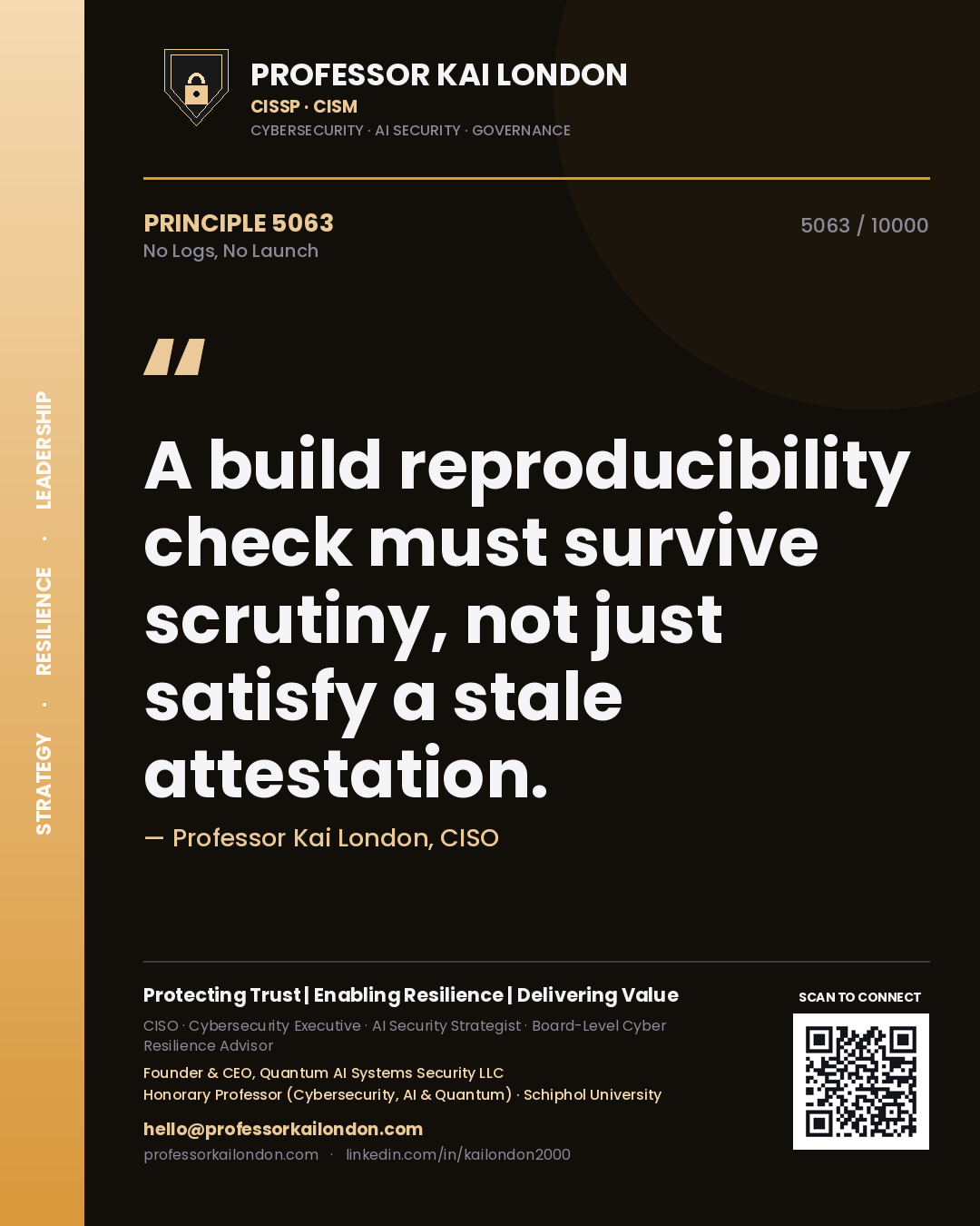 Quote card by Professor Kai London reading 'A build reproducibility check must survive scrutiny, not just satisfy a stale attestation.'. From the book No Logs, No Launch.