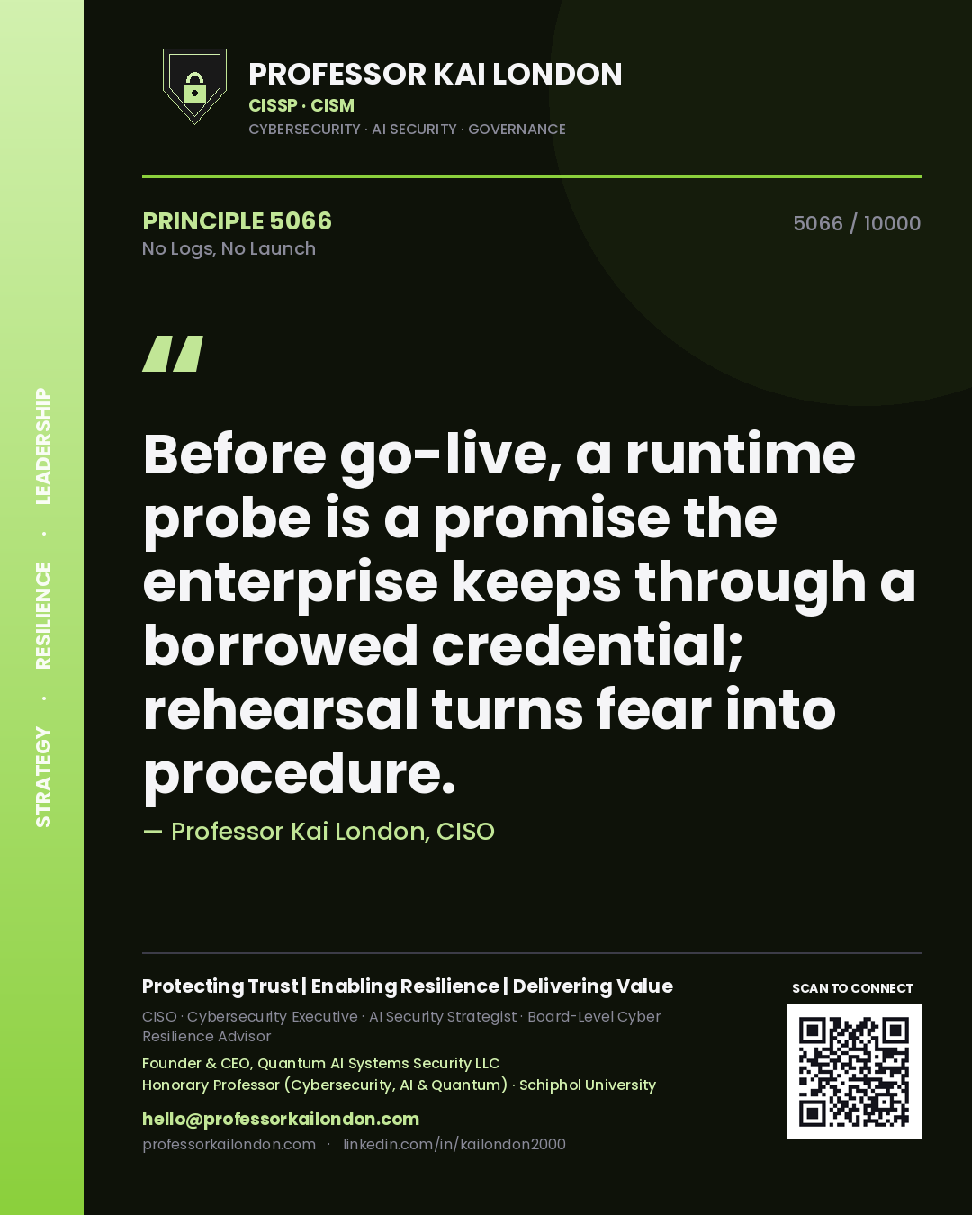 Quote card by Professor Kai London reading 'Before go-live, a runtime probe is a promise the enterprise keeps through a borrowed credential; rehearsal turns fear into procedure.'. From the book No Logs, No Launch.