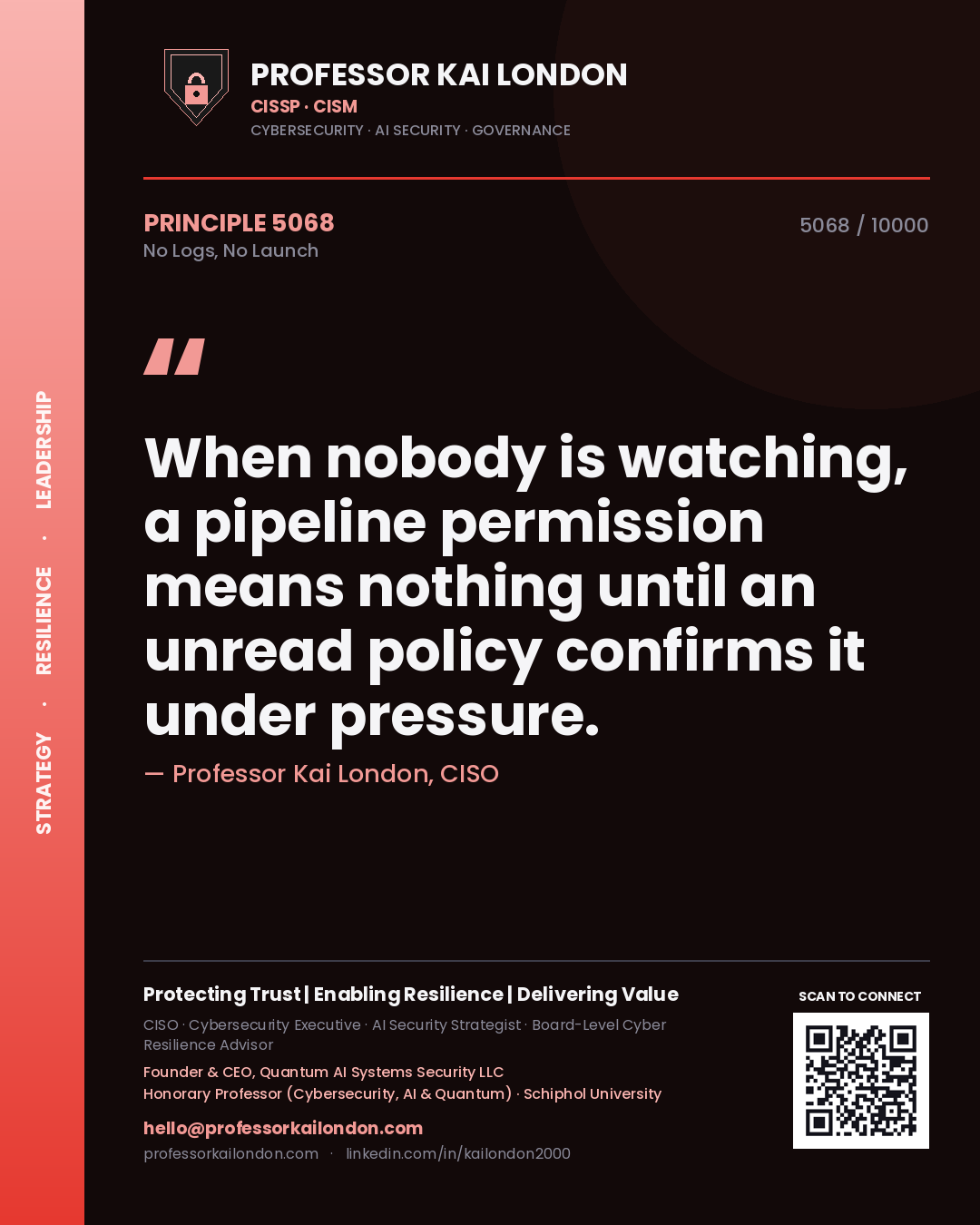 Quote card by Professor Kai London reading 'When nobody is watching, a pipeline permission means nothing until an unread policy confirms it under pressure.'. From the book No Logs, No Launch.