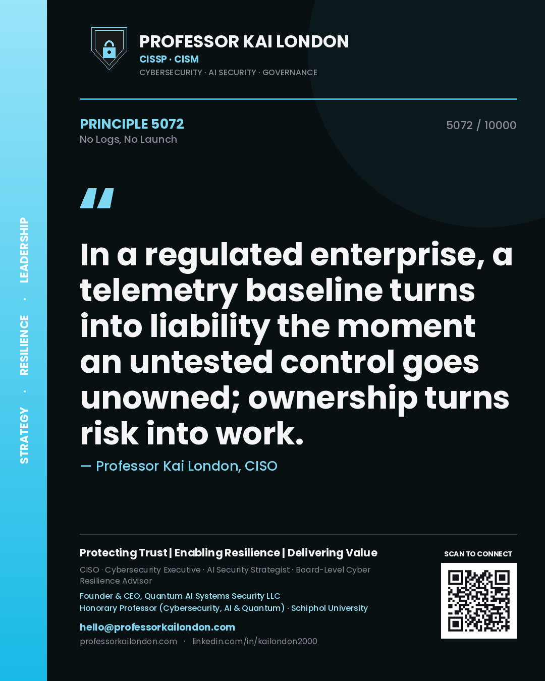 Quote card by Professor Kai London reading 'In a regulated enterprise, a telemetry baseline turns into liability the moment an untested control goes unowned; ownership turns risk into work.'. From the book No Logs, No Launch.