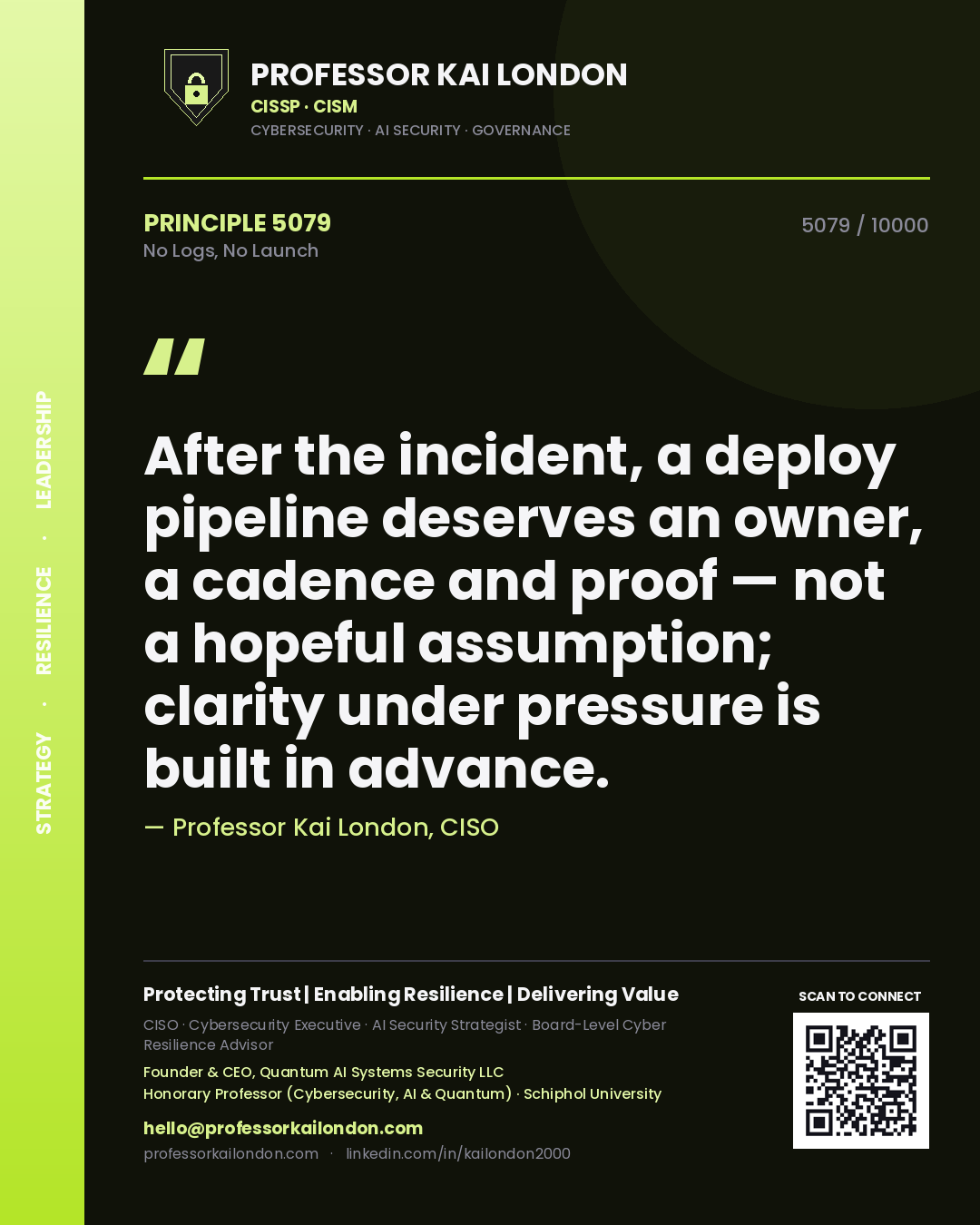 Quote card by Professor Kai London reading 'After the incident, a deploy pipeline deserves an owner, a cadence and proof — not a hopeful assumption; clarity under pressure is built in advance.'. From the book No Logs, No Launch.