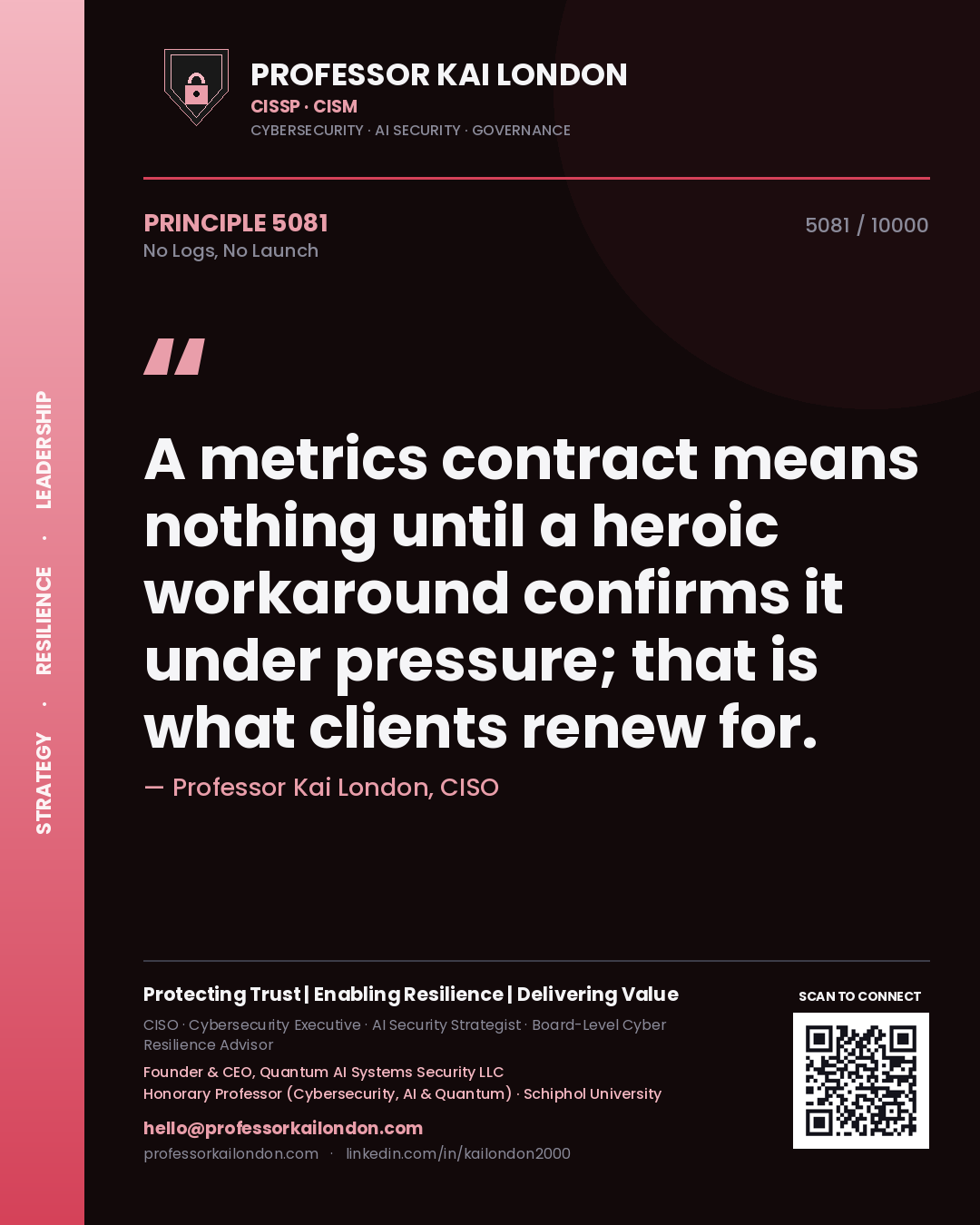 Quote card by Professor Kai London reading 'A metrics contract means nothing until a heroic workaround confirms it under pressure; that is what clients renew for.'. From the book No Logs, No Launch.