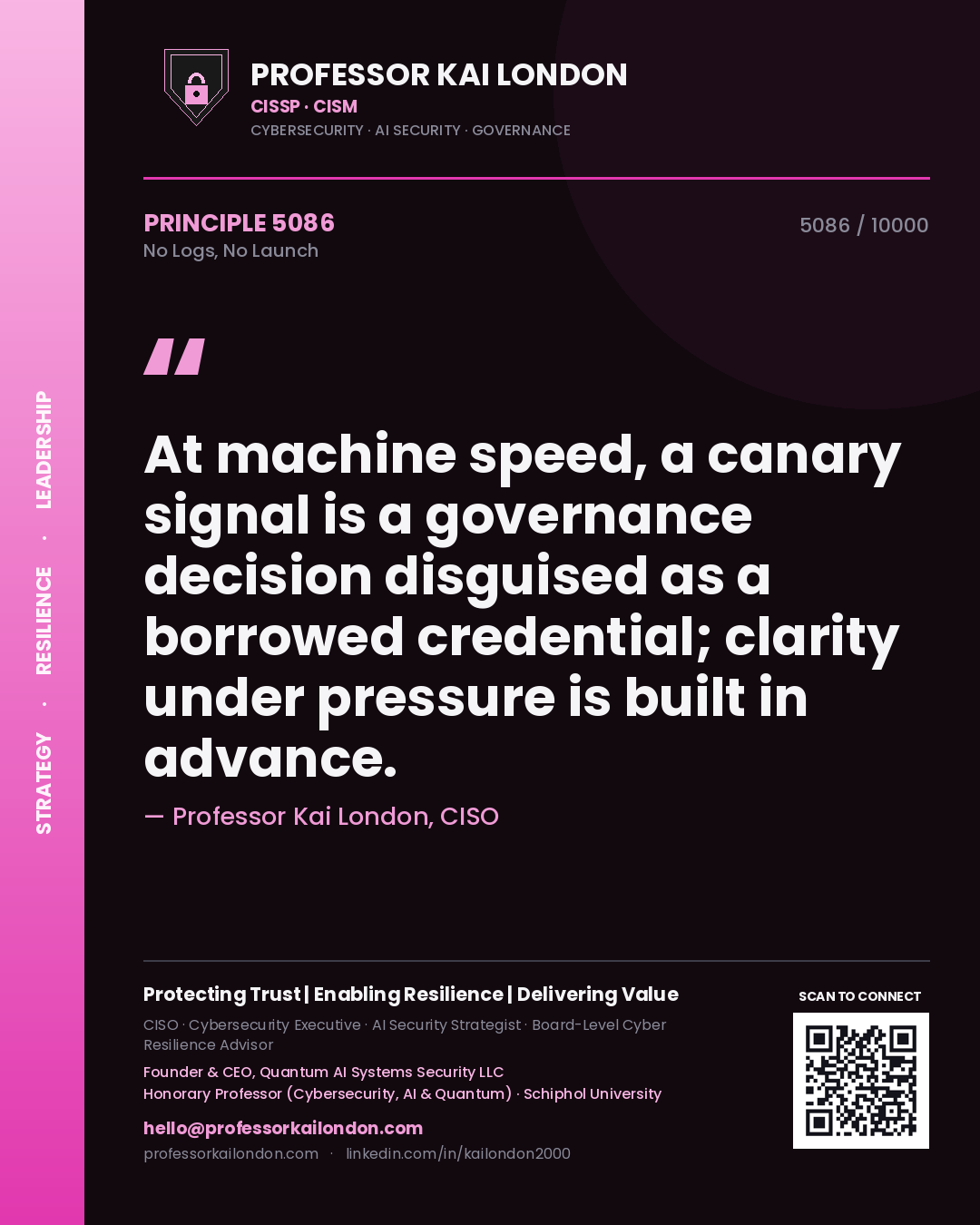 Professor Kai London principle 5086: At machine speed, a canary signal is a governance decision disguised as a borrowed credential; clarity under pressure is built in advance.