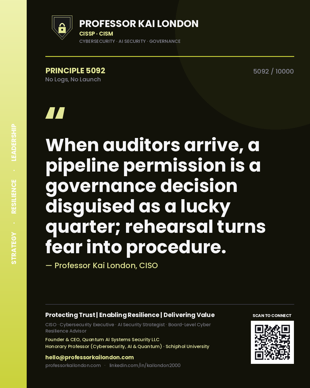 Professor Kai London principle 5092: When auditors arrive, a pipeline permission is a governance decision disguised as a lucky quarter; rehearsal turns fear into procedure.