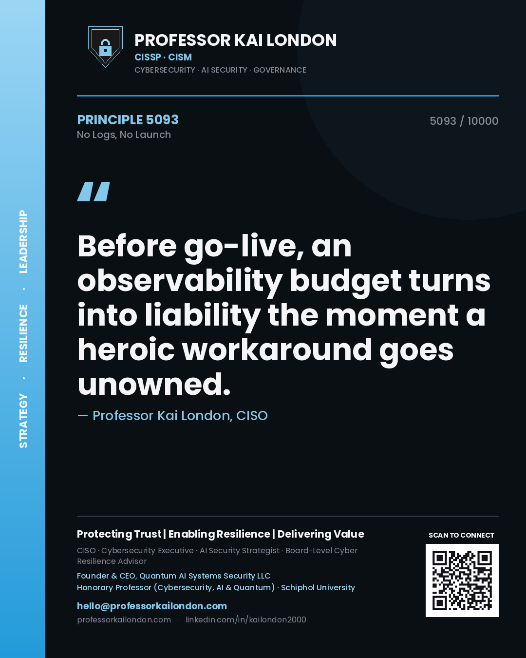 Quote card by Professor Kai London reading 'Before go-live, an observability budget turns into liability the moment a heroic workaround goes unowned.'. From the book No Logs, No Launch.