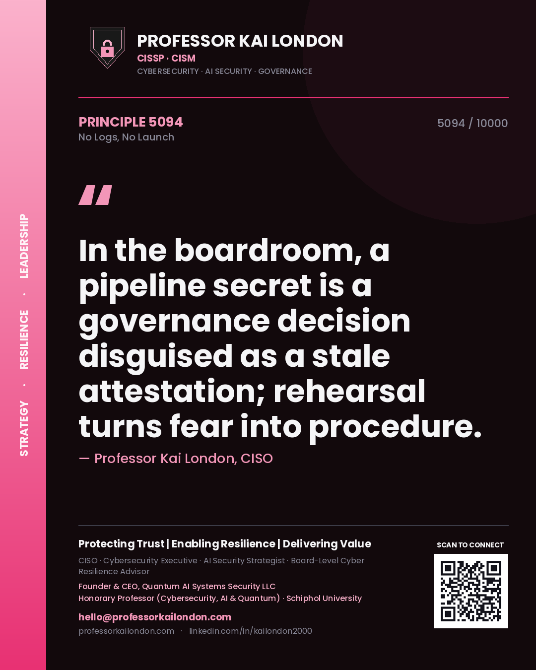 Quote card by Professor Kai London reading 'In the boardroom, a pipeline secret is a governance decision disguised as a stale attestation; rehearsal turns fear into procedure.'. From the book No Logs, No Launch.