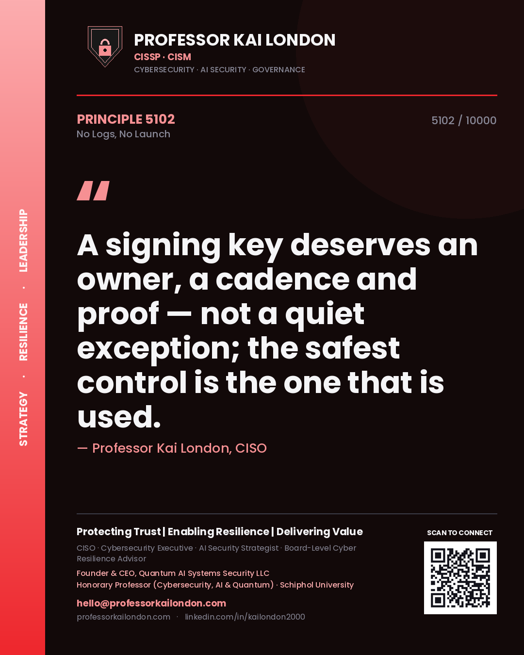 Quote card by Professor Kai London reading 'A signing key deserves an owner, a cadence and proof — not a quiet exception; the safest control is the one that is used.'. From the book No Logs, No Launch.