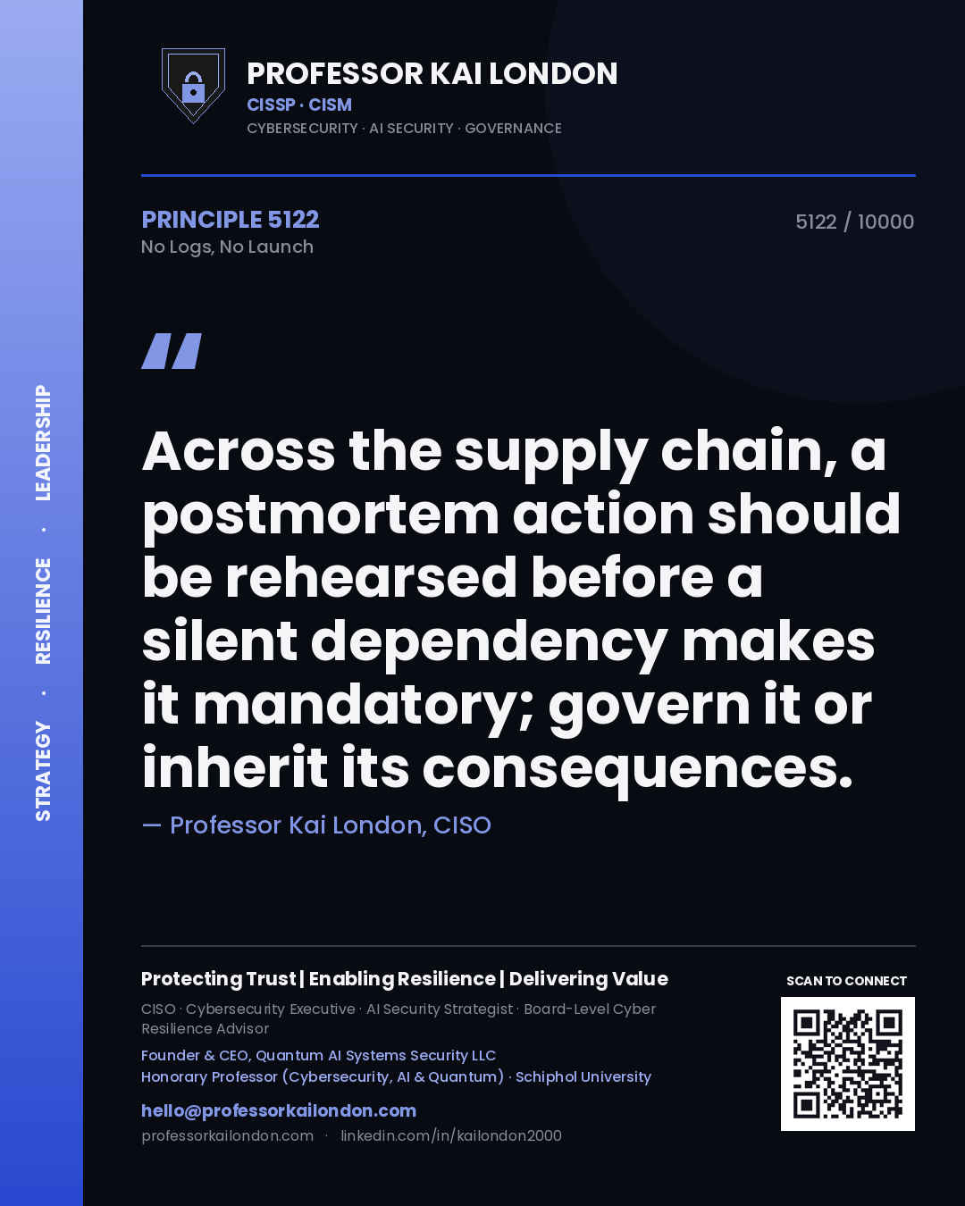 Professor Kai London principle 5122: Across the supply chain, a postmortem action should be rehearsed before a silent dependency makes it mandatory; govern it or inherit its consequences.