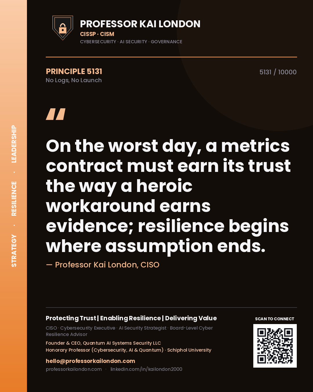 Quote card by Professor Kai London reading 'On the worst day, a metrics contract must earn its trust the way a heroic workaround earns evidence; resilience begins where assumption ends.'. From the book No Logs, No Launch.