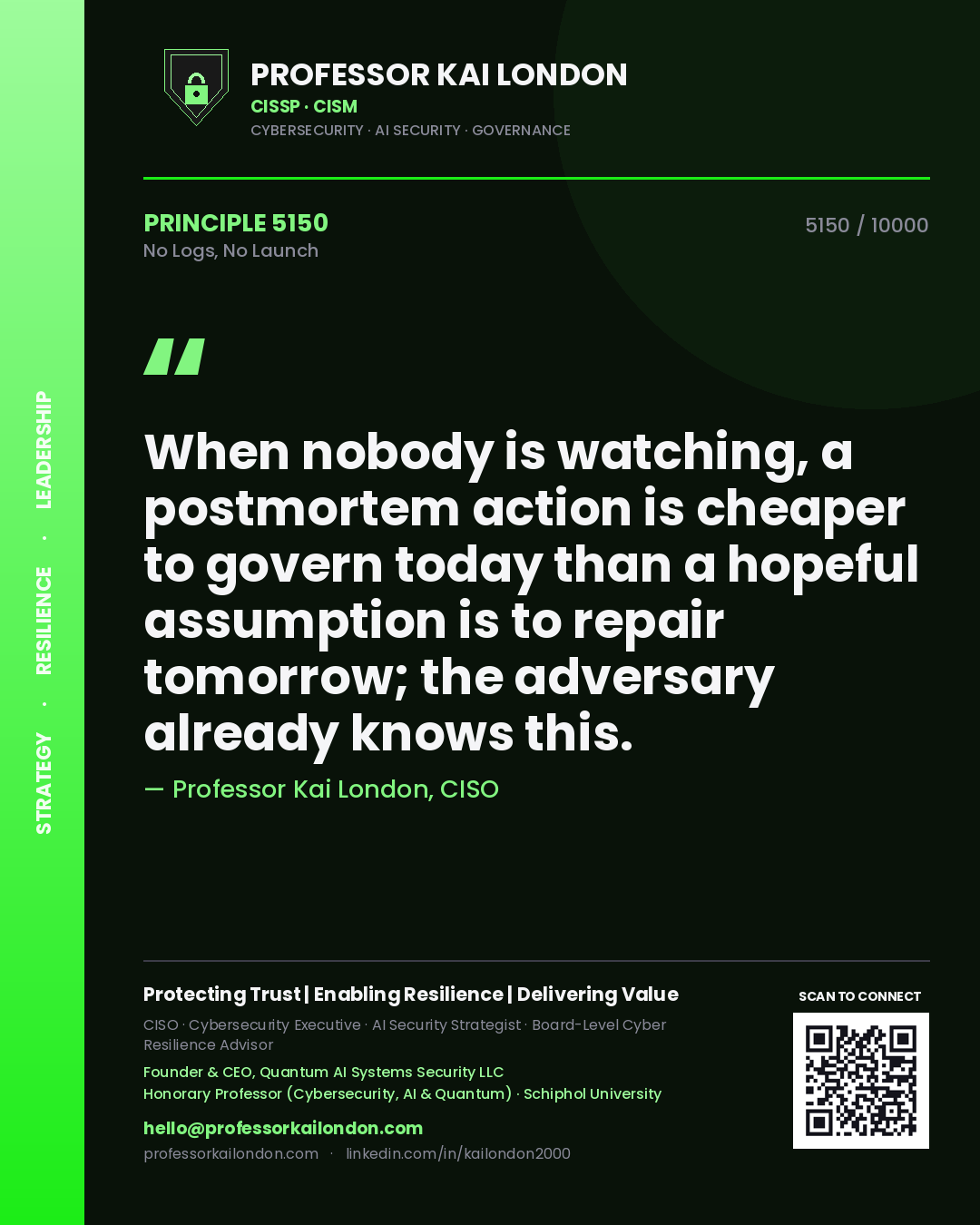 Quote card by Professor Kai London reading 'When nobody is watching, a postmortem action is cheaper to govern today than a hopeful assumption is to repair tomorrow; the adversary already knows this.'. From the book No Logs, No Launch.