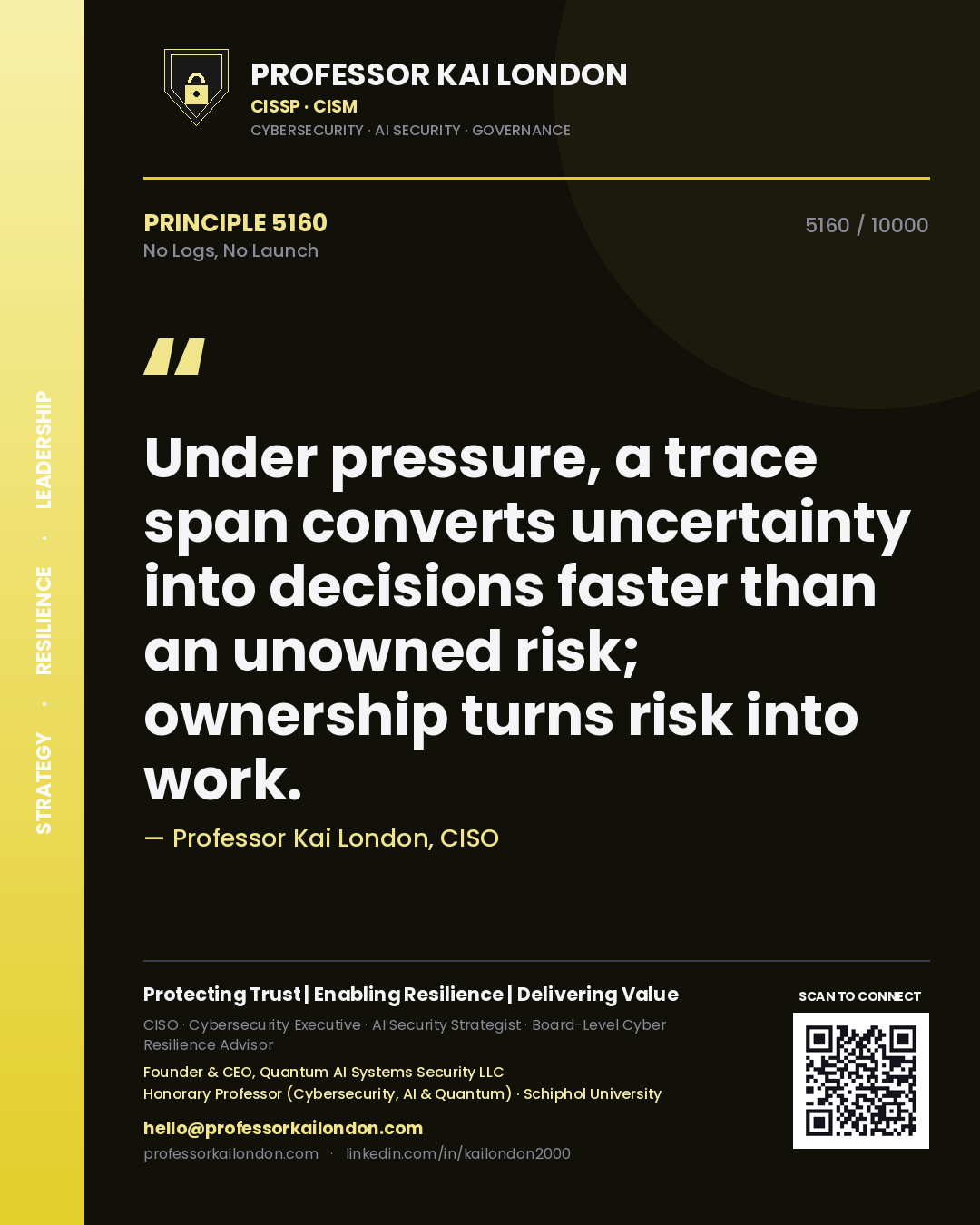 Quote card by Professor Kai London reading 'Under pressure, a trace span converts uncertainty into decisions faster than an unowned risk; ownership turns risk into work.'. From the book No Logs, No Launch.