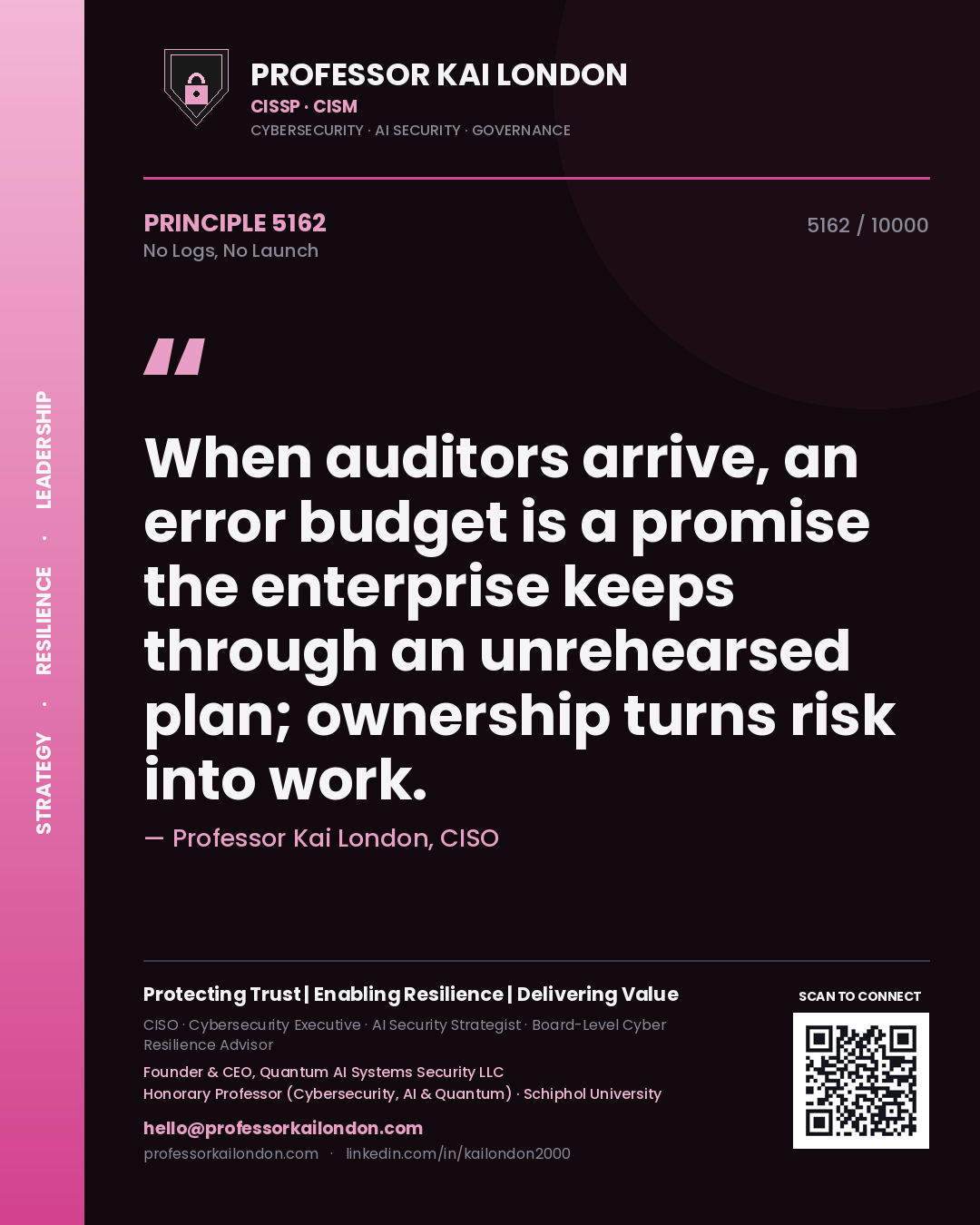 Quote card by Professor Kai London reading 'When auditors arrive, an error budget is a promise the enterprise keeps through an unrehearsed plan; ownership turns risk into work.'. From the book No Logs, No Launch.