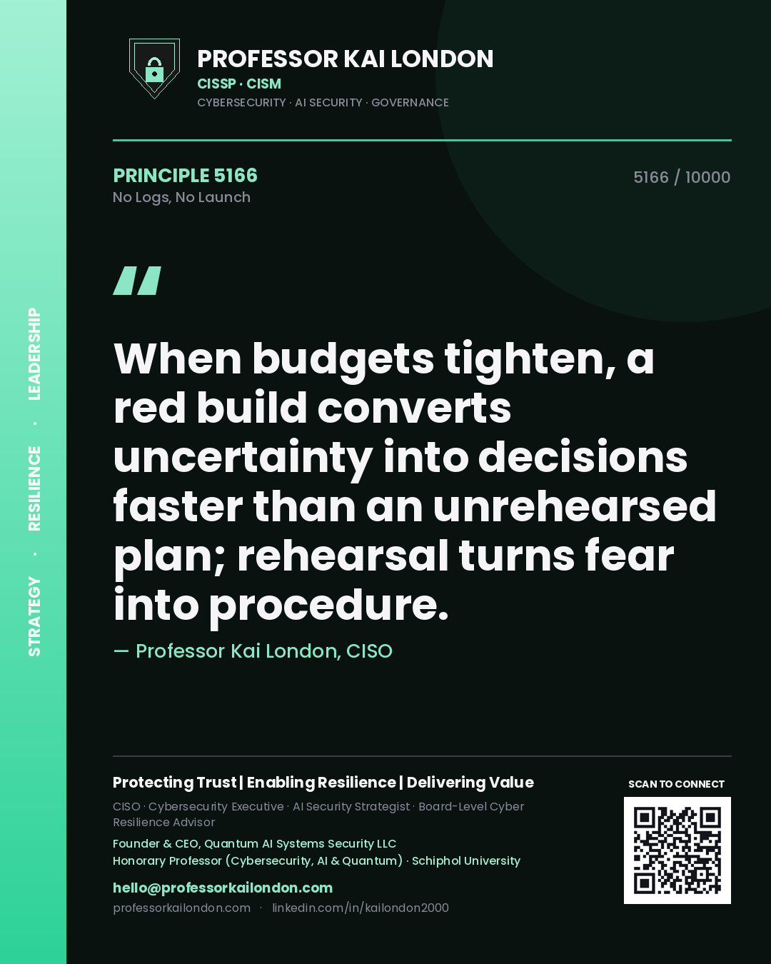 Professor Kai London principle 5166: When budgets tighten, a red build converts uncertainty into decisions faster than an unrehearsed plan; rehearsal turns fear into procedure.