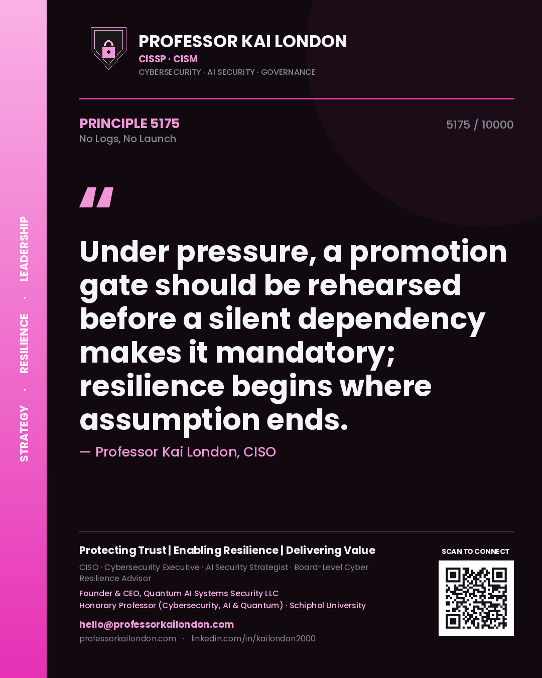 Quote card by Professor Kai London reading 'Under pressure, a promotion gate should be rehearsed before a silent dependency makes it mandatory; resilience begins where assumption ends.'. From the book No Logs, No Launch.