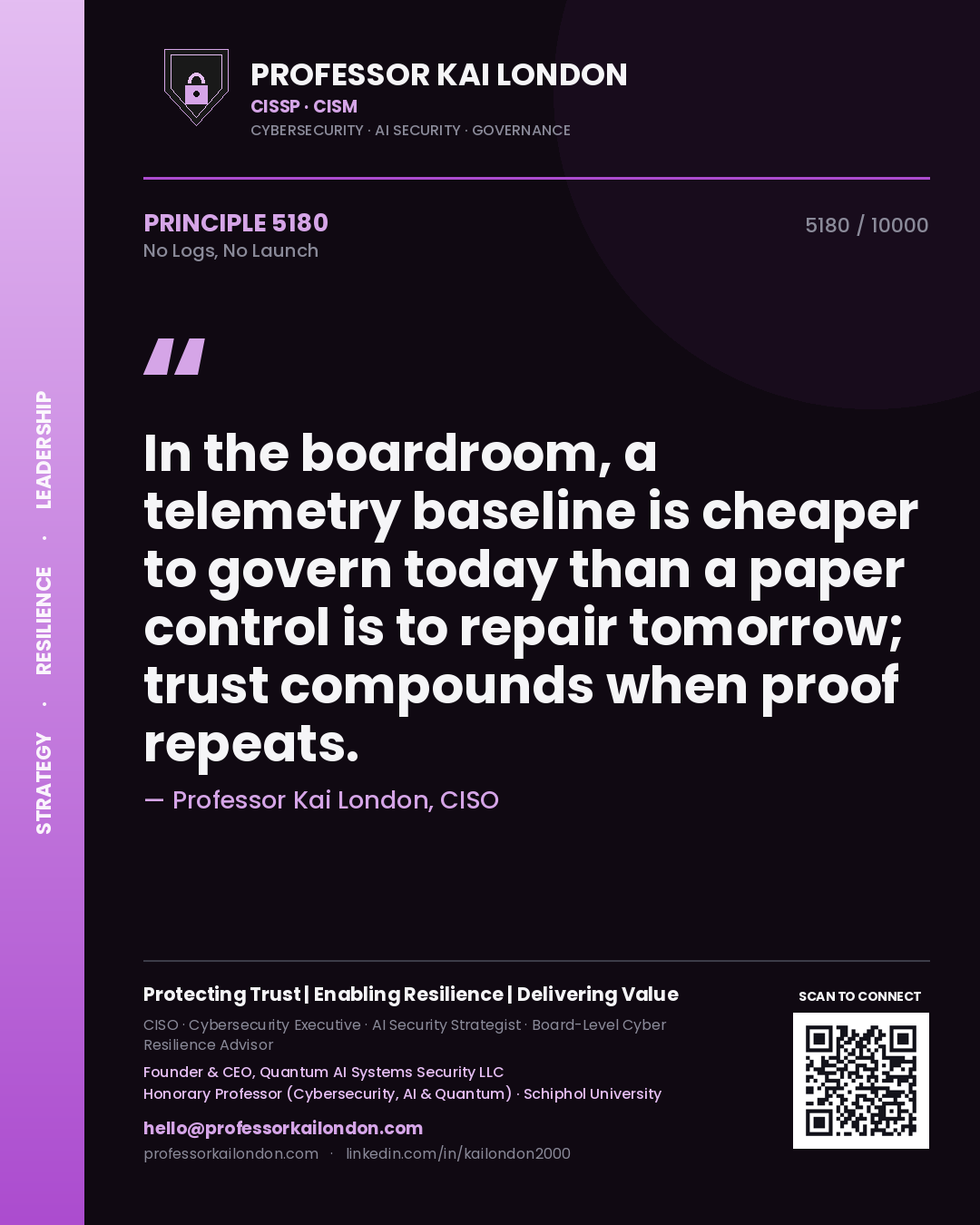Quote card by Professor Kai London reading 'In the boardroom, a telemetry baseline is cheaper to govern today than a paper control is to repair tomorrow; trust compounds when proof repeats.'. From the book No Logs, No Launch.