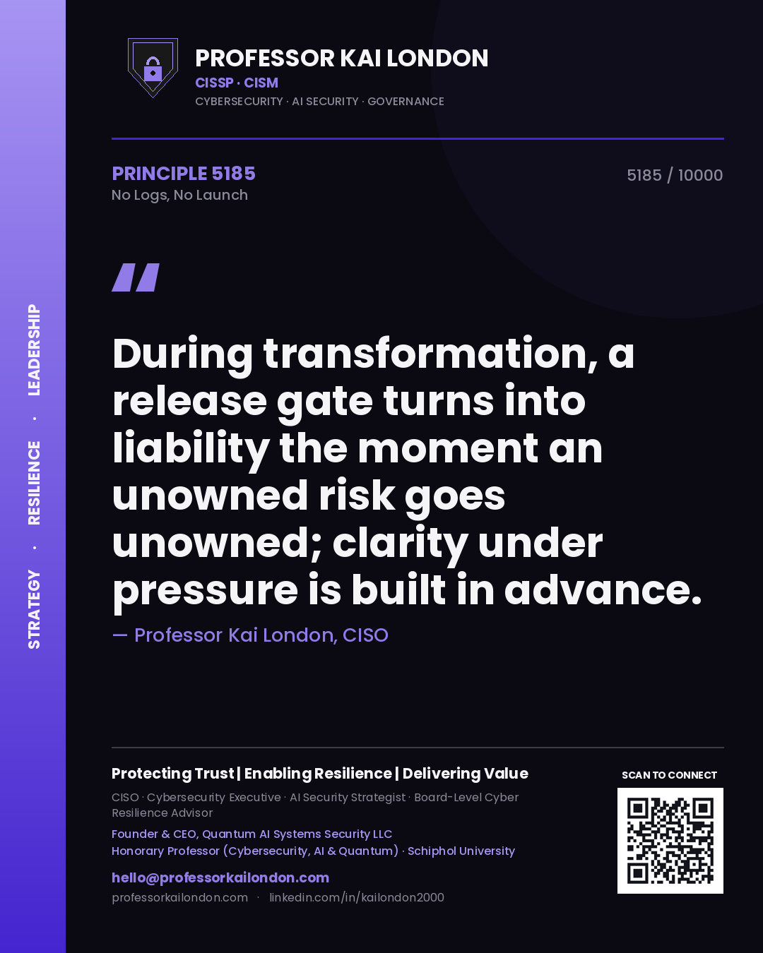 Quote card by Professor Kai London reading 'During transformation, a release gate turns into liability the moment an unowned risk goes unowned; clarity under pressure is built in advance.'. From the book No Logs, No Launch.