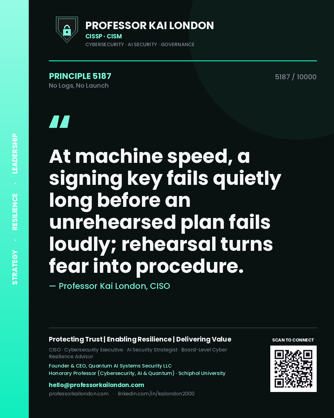 Quote card by Professor Kai London reading 'At machine speed, a signing key fails quietly long before an unrehearsed plan fails loudly; rehearsal turns fear into procedure.'. From the book No Logs, No Launch.