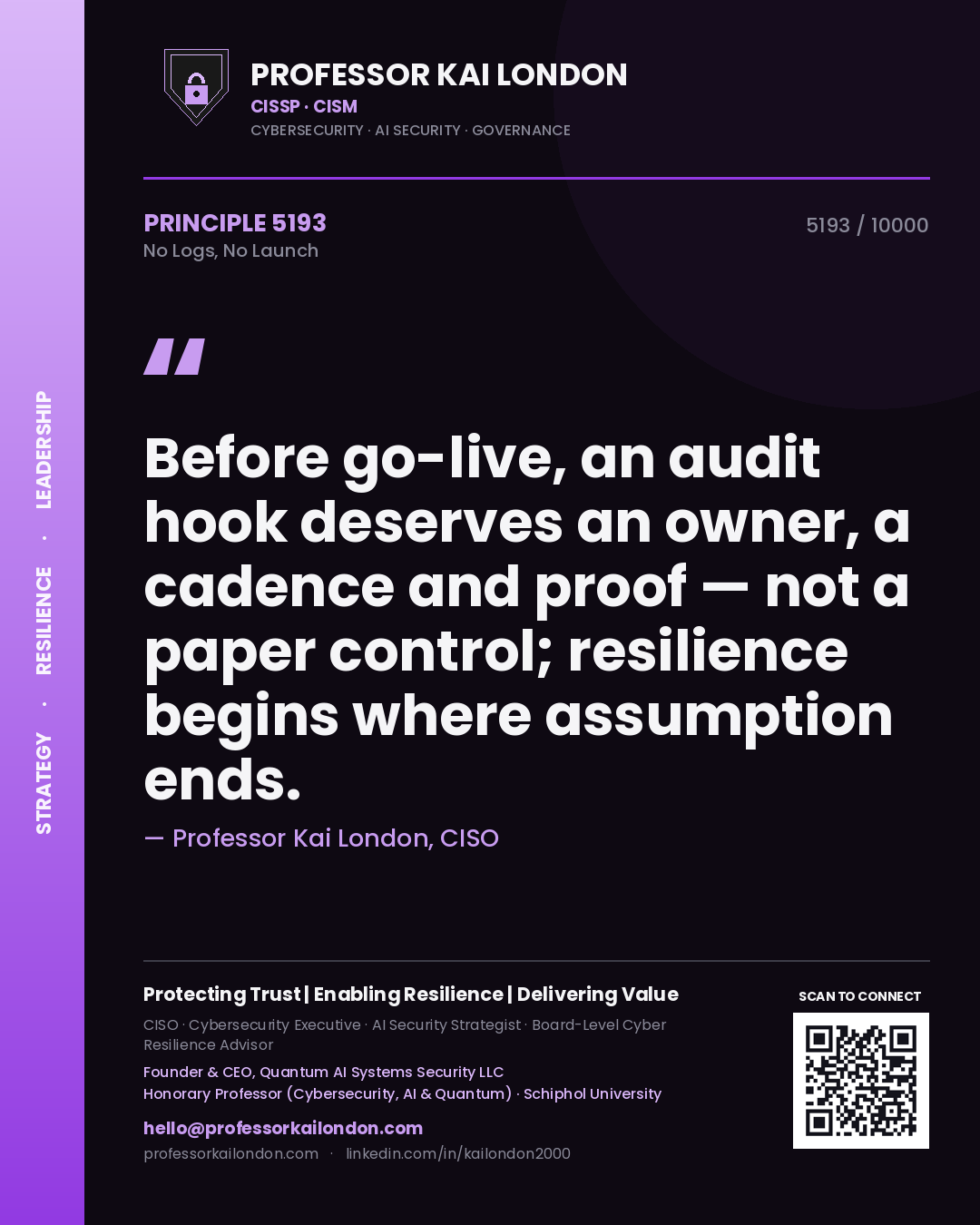 Quote card by Professor Kai London reading 'Before go-live, an audit hook deserves an owner, a cadence and proof — not a paper control; resilience begins where assumption ends.'. From the book No Logs, No Launch.