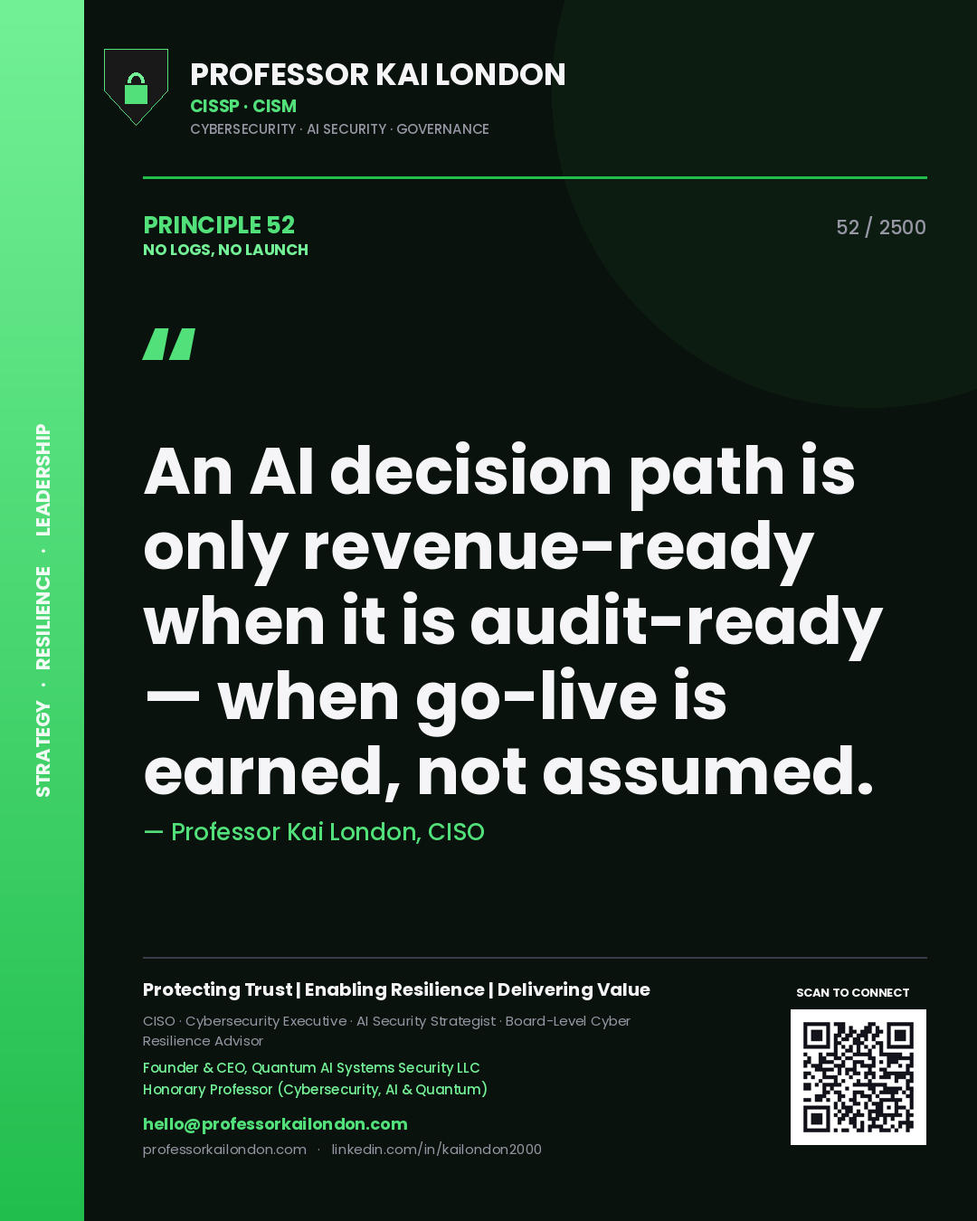 Quote card by Professor Kai London reading 'An AI decision path is only revenue-ready when it is audit-ready — when go-live is earned, not assumed.'. From the book No Logs, No Launch.