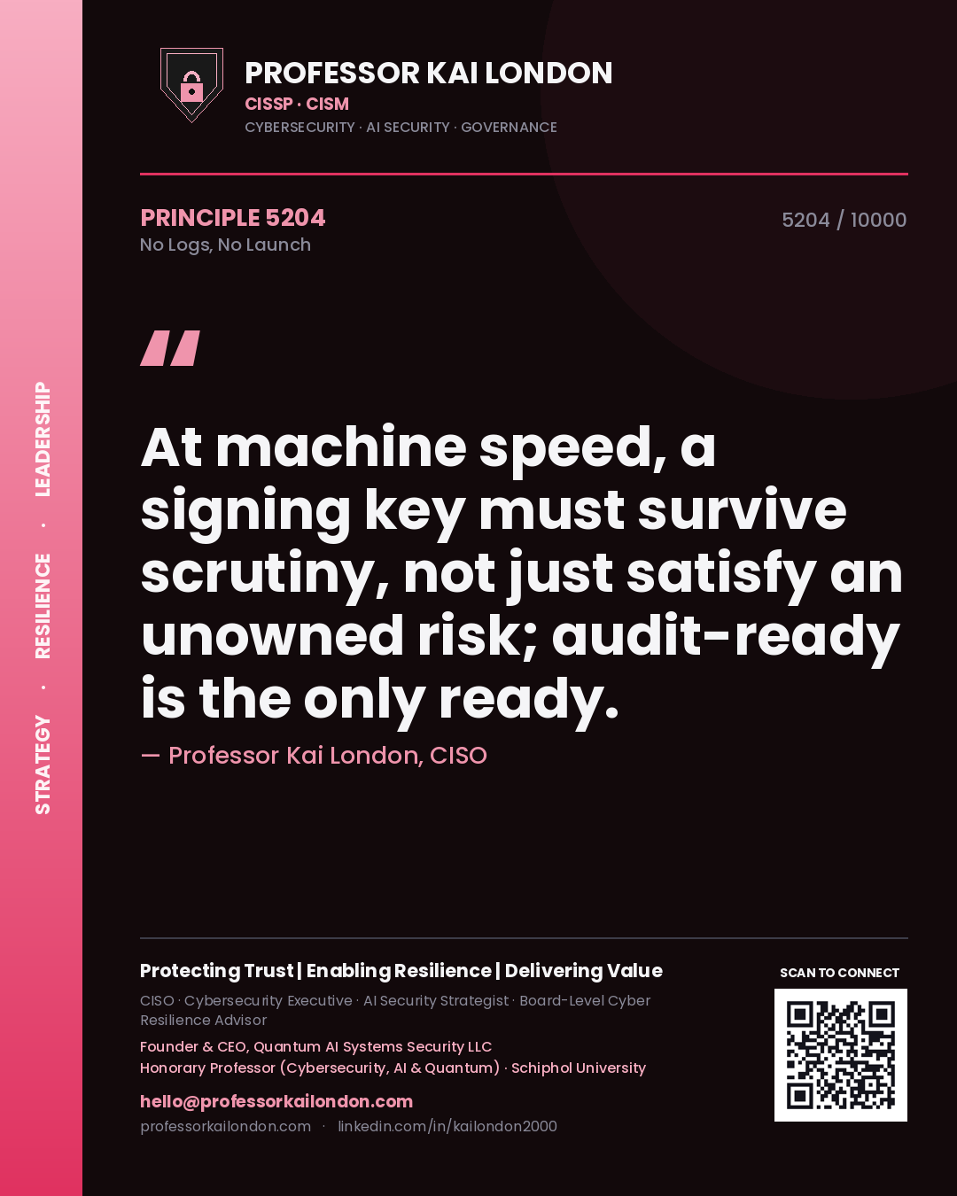 Quote card by Professor Kai London reading 'At machine speed, a signing key must survive scrutiny, not just satisfy an unowned risk; audit-ready is the only ready.'. From the book No Logs, No Launch.