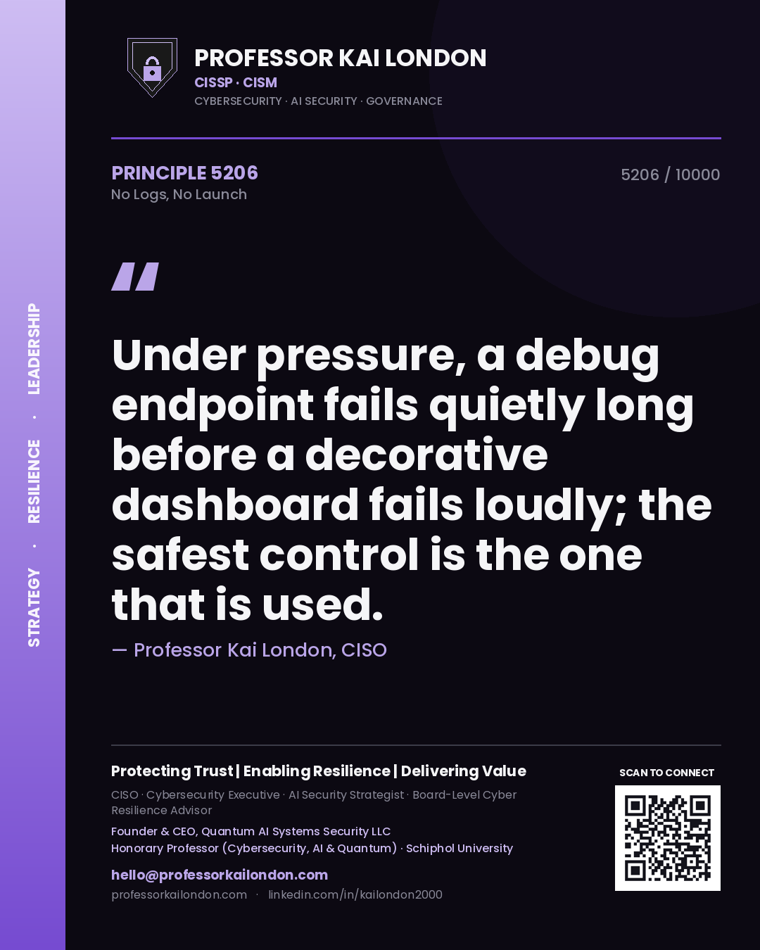 Quote card by Professor Kai London reading 'Under pressure, a debug endpoint fails quietly long before a decorative dashboard fails loudly; the safest control is the one that is used.'. From the book No Logs, No Launch.