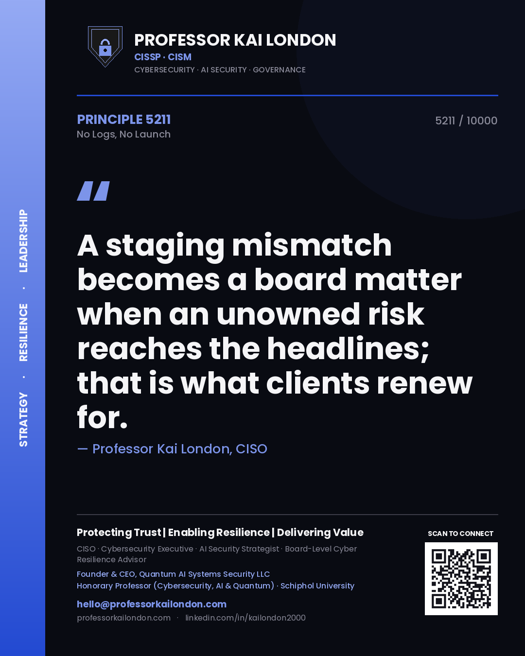 Quote card by Professor Kai London reading 'A staging mismatch becomes a board matter when an unowned risk reaches the headlines; that is what clients renew for.'. From the book No Logs, No Launch.
