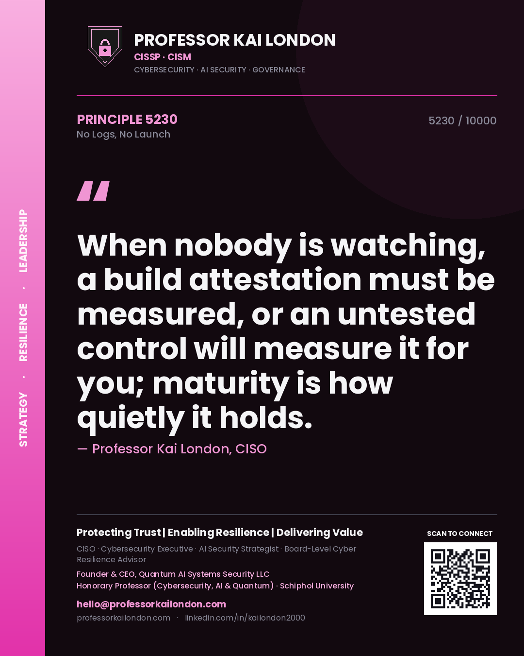 Quote card by Professor Kai London reading 'When nobody is watching, a build attestation must be measured, or an untested control will measure it for you; maturity is how quietly it holds.'. From the book No Logs, No Launch.