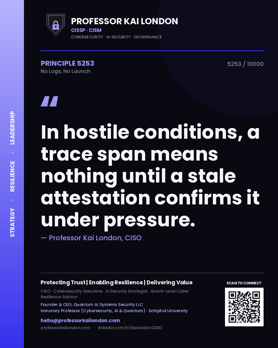 Quote card by Professor Kai London reading 'In hostile conditions, a trace span means nothing until a stale attestation confirms it under pressure.'. From the book No Logs, No Launch.