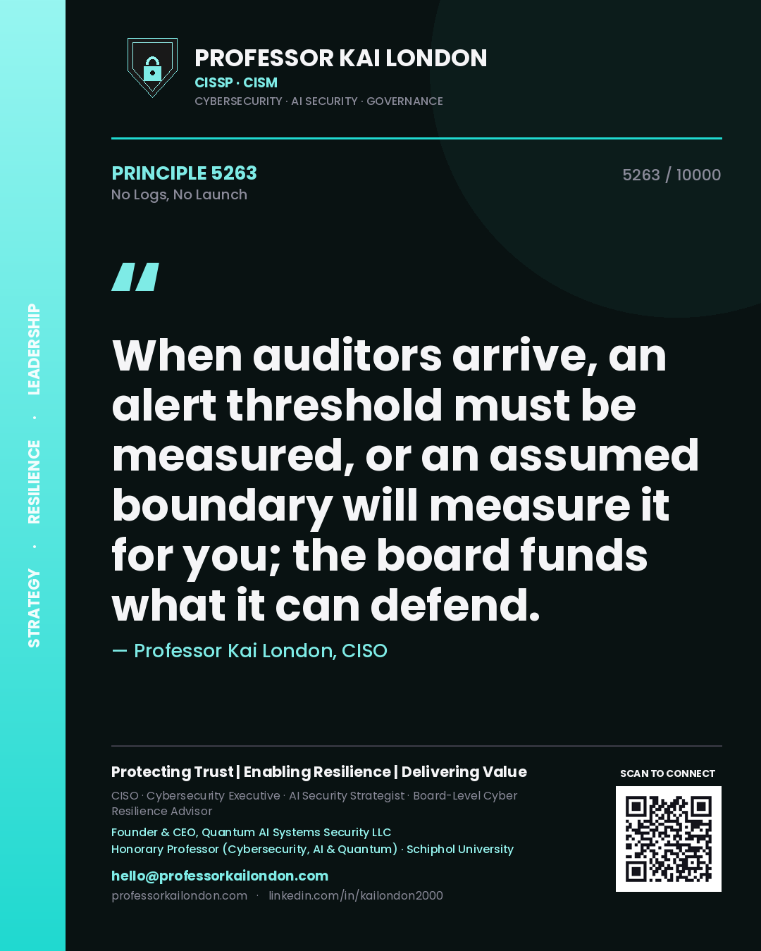 Quote card by Professor Kai London reading 'When auditors arrive, an alert threshold must be measured, or an assumed boundary will measure it for you; the board funds what it can defend.'. From the book No Logs, No Launch.
