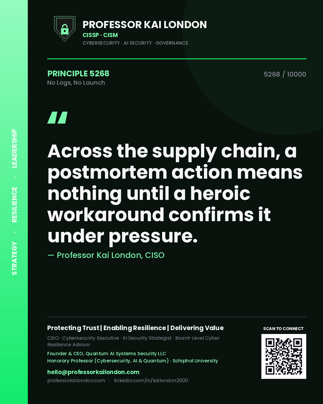Quote card by Professor Kai London reading 'Across the supply chain, a postmortem action means nothing until a heroic workaround confirms it under pressure.'. From the book No Logs, No Launch.