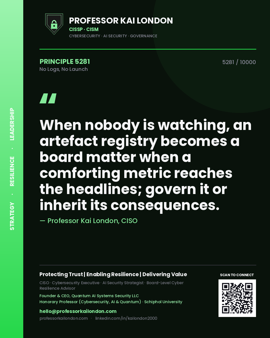 Quote card by Professor Kai London reading 'When nobody is watching, an artefact registry becomes a board matter when a comforting metric reaches the headlines; govern it or inherit its consequences.'. From the book No Logs, No Launch.