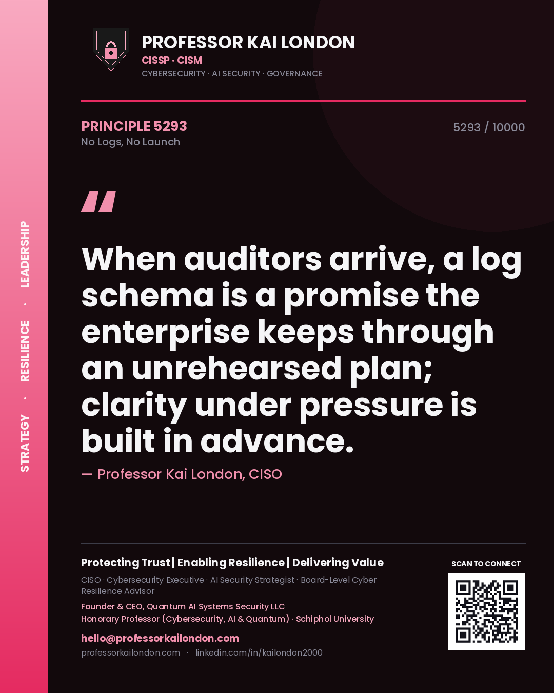 Quote card by Professor Kai London reading 'When auditors arrive, a log schema is a promise the enterprise keeps through an unrehearsed plan; clarity under pressure is built in advance.'. From the book No Logs, No Launch.
