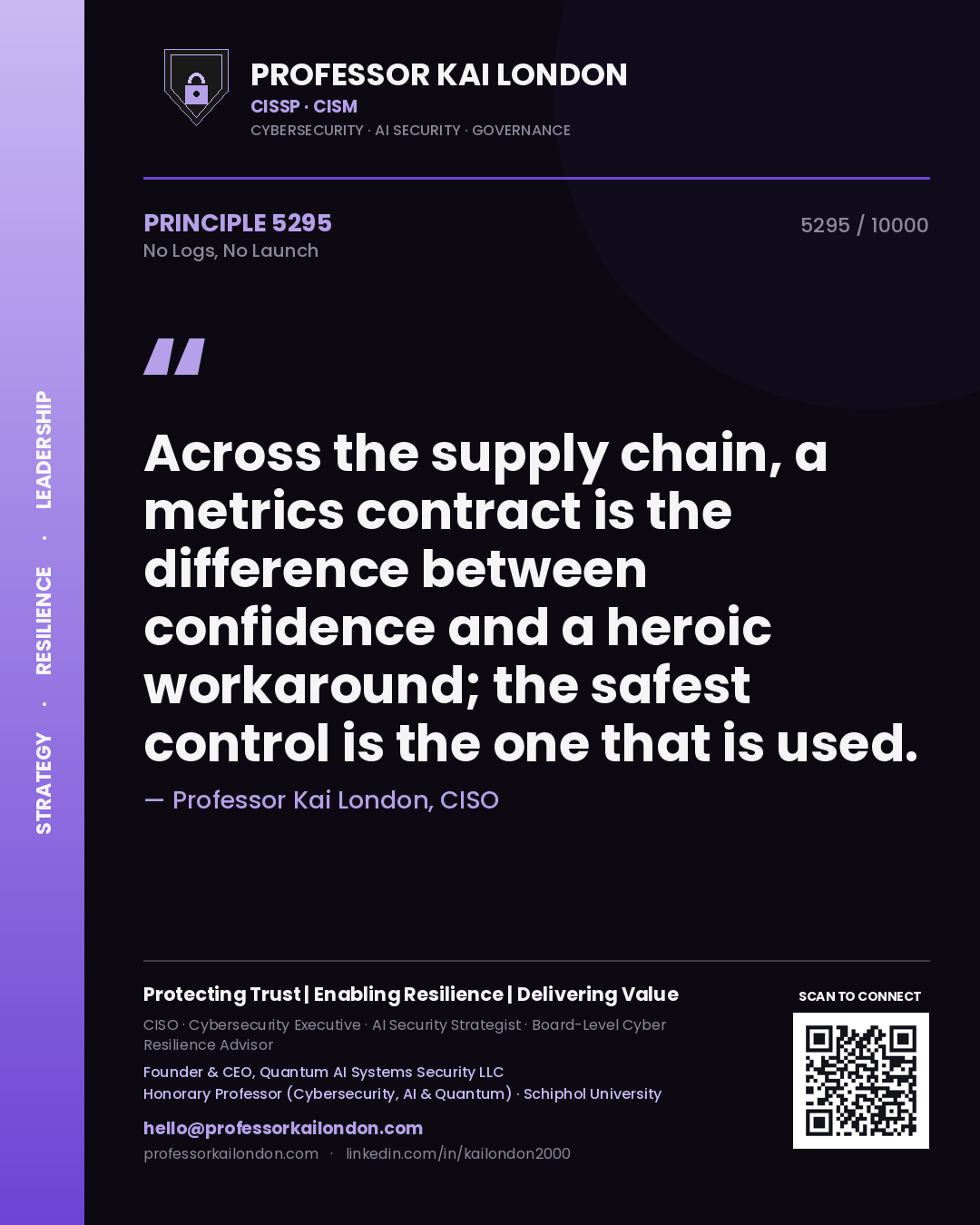 Quote card by Professor Kai London reading 'Across the supply chain, a metrics contract is the difference between confidence and a heroic workaround; the safest control is the one that is used.'. From the book No Logs, No Launch.