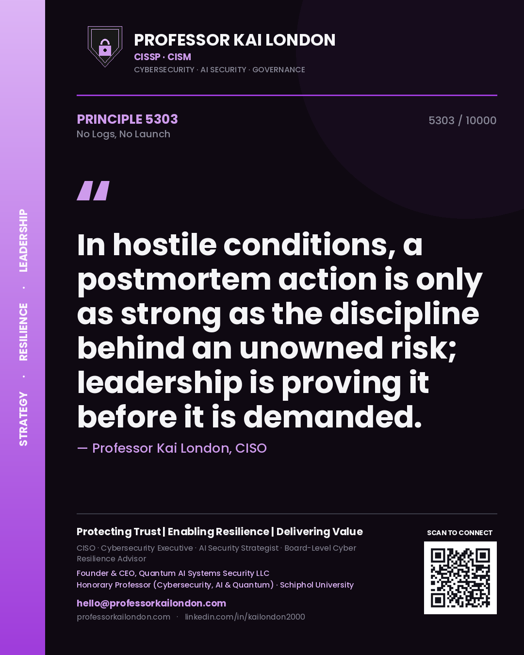 Quote card by Professor Kai London reading 'In hostile conditions, a postmortem action is only as strong as the discipline behind an unowned risk; leadership is proving it before it is demanded.'. From the book No Logs, No Launch.