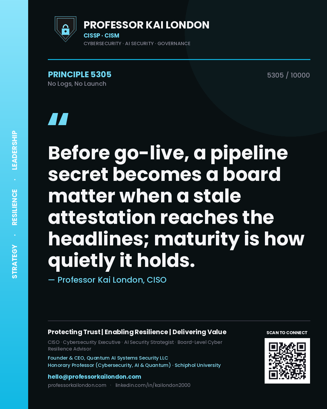 Quote card by Professor Kai London reading 'Before go-live, a pipeline secret becomes a board matter when a stale attestation reaches the headlines; maturity is how quietly it holds.'. From the book No Logs, No Launch.